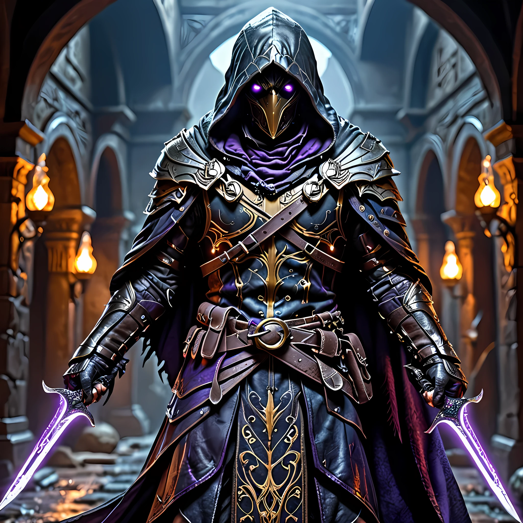 Dark fantasy photo of a cloaked anthropomorphic raven, dual wielding daggers, dynamic combat defense pose, hooded, glowing eyes, dark, shiny metal beak with ornate engravinga, assassins creed style leather cloak with dark purple trim, leather attire, straps around torso and chest holding throwing knives, dynamic posing, combat pose, detailed background, dark victorian background, Illustration, Character Design, Conceptual Art, Hyperdetailed, High Resolution, Masterpiece, Best Quality, UHD, Super Detailed, dark, assassins creed style