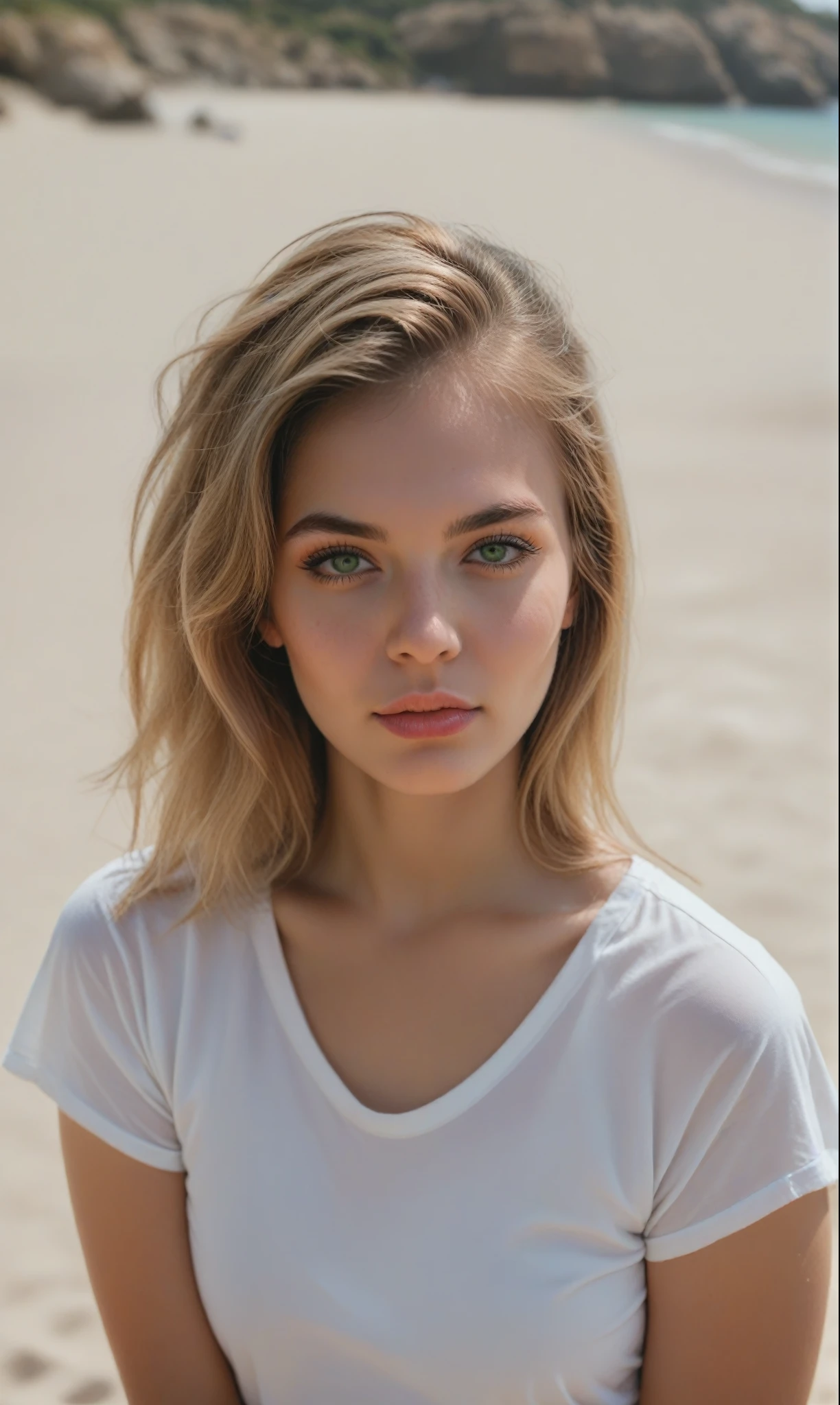 score_9, score_8_up, score_7_up, score_6_up, score_5_up, score_4_up, realistic style, photo, photorealistic, high detail, curvy blonde, bob hairstyle, light hair, round face, green eyes, very full lips, delicate makeup, pink lips, looking at viewer, wearing a white T-shirt, on the beach, sunny day, tag1, tag2