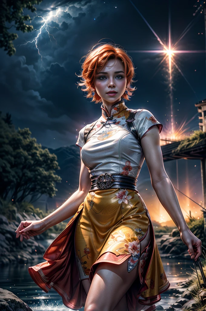 1girl,cowboy shot, beautiful (nora_valkyrie), looking at viewer, smiling, lips, short hair, blue eyes, orange hair, hoop earring, floral print qipao Dress, black nail, night, stars, walking in a field, waterfall in the background, river, lightning strikes, best quality, masterpiece, intricate details, tonemapping, sharp focus, hyper detailed, masterpiece, elegant face, beautiful face, highly detailed skin, skin pores, subsurface scattering, realistic pupils, full lips, detailed background, depth of field, atmospheric perspective, volumetric lighting, sharp focus, absurdres, realistic proportions, good anatomy, (realistic, hyperrealistic:1.4), 16k hdr,