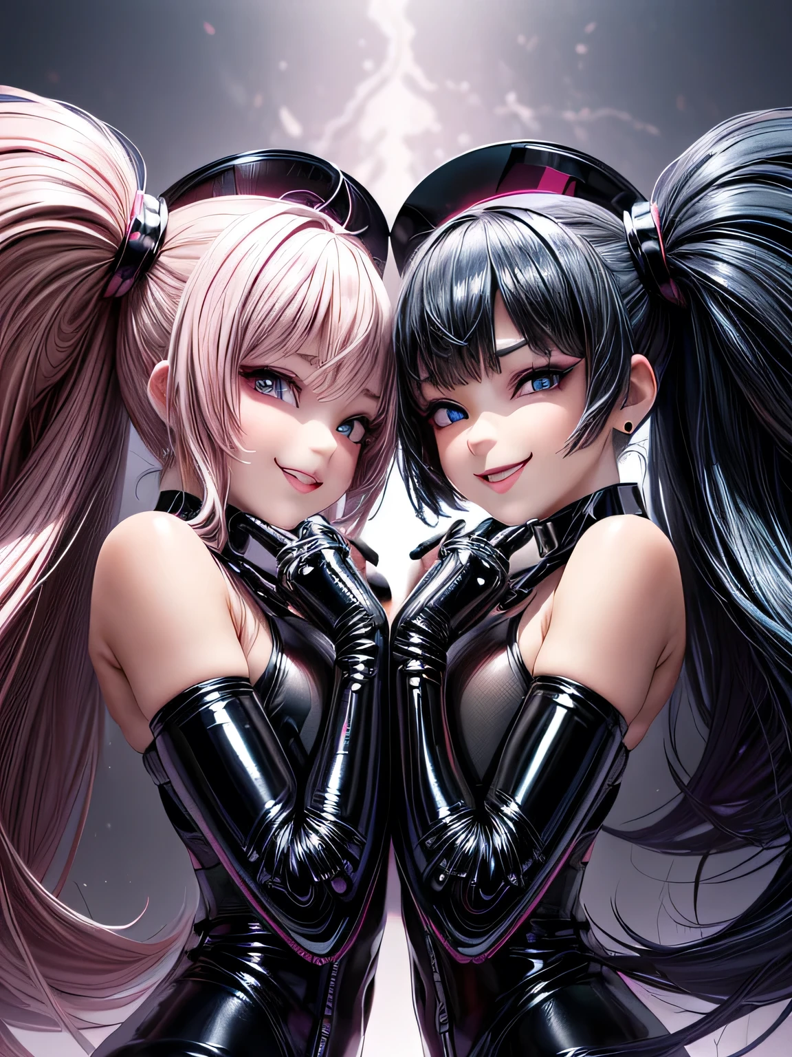 (masterpiece、top quality、Super detailed)、((one girl))、((pink hair))、((two tails))、((Light blue eyes))、evil smile、((grin))、Couple、earrings、((very large breasts))、((Playboy Rabbit))、cowboy shot、((Older))、Chest compression、stage background