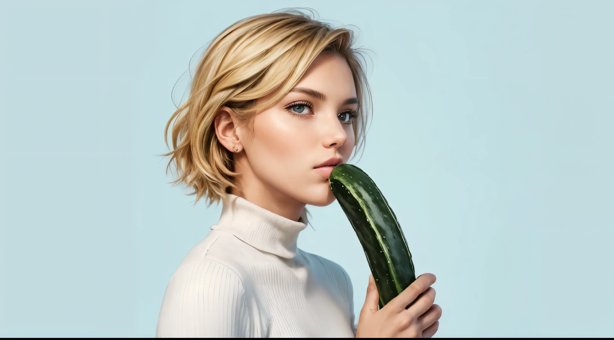 girl, (solo, kissing cucumber:1.4), cucumber, detailed cucumber, lips pressed passionately, looking at viewer, detailed skin, straight hair, turtleneck shirt, simple background, surreal, feminine expressions, intimacy, affection, from side, blonde hair, innocent, high resolution, artwork, best quality, high and intricate details, highly detailed, sharp focus, realistic skin texture,