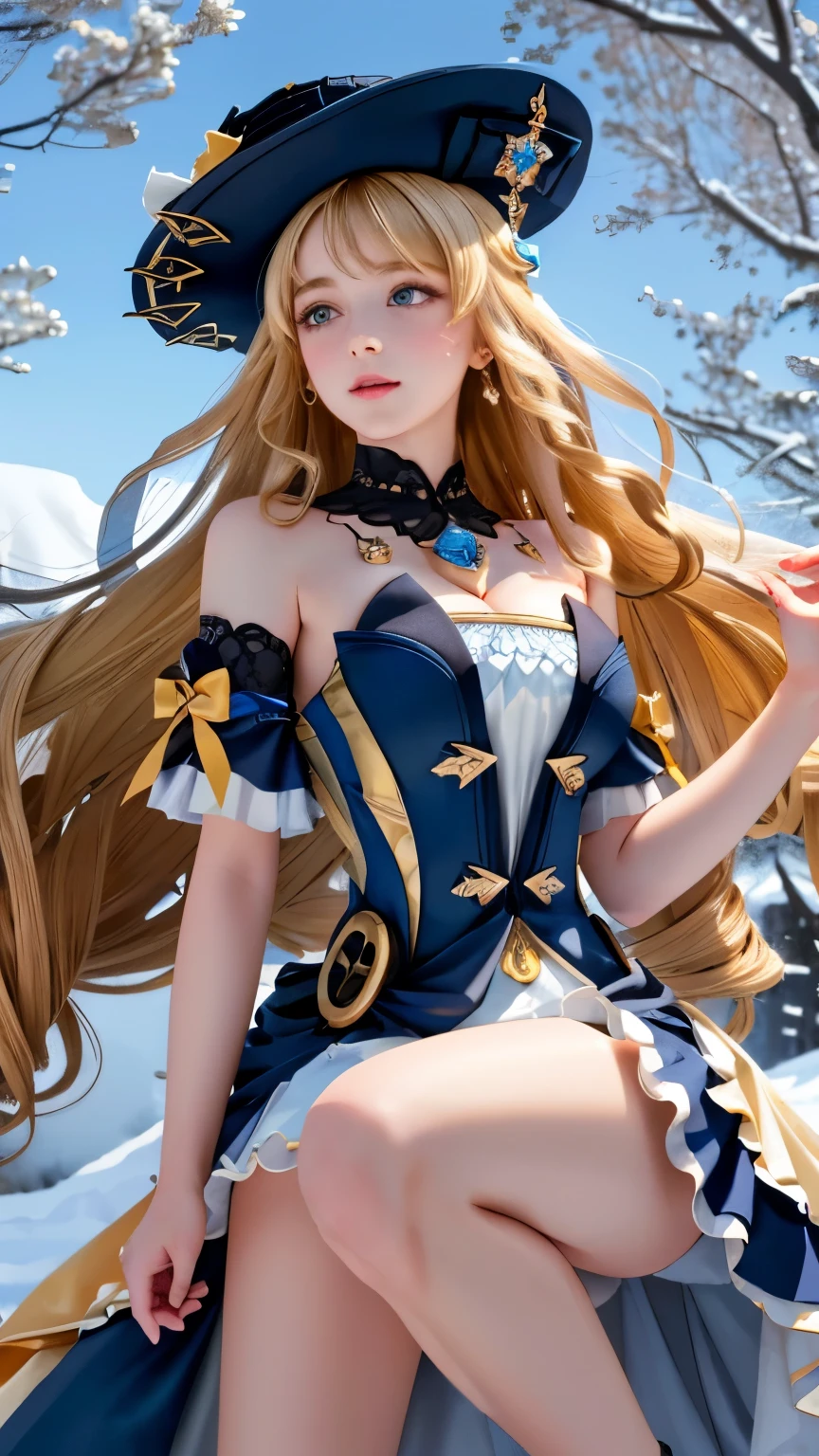 blue eyes，Cute girl childishly and innocently bites her ankle 1 8 year old girl，blonde，Very long hair，curl，Have，（（Skin Dantating））（（Big Breasts））+++，View from below，dreamy moonlit night，Light comes in，big full moon background shadow night，Beautiful detailed sky floating，Long messy hair with lens flare focused on face、Detail that&#39;s so close to the viewer，Beautiful snowy forest with light leaks and tree spirit details（（snowflake）），Floating sand flow，belly button，Deep shadows in the backlight，transparent，+++ Very high quality、Very fine deep silk、healthy、A base lacking warmth、Soft Skin，High resolution illustration，Contrapposto shines like an opal，Hello ++ light lips，University of California：Realistic and cute face angle girl、Dynamic pose in front，Toe-to-toe，Aqua blue frilled long skirt、Bustier、Bustierペチコート付き ：1.5 double-breasted high-heel sandals，Underbust