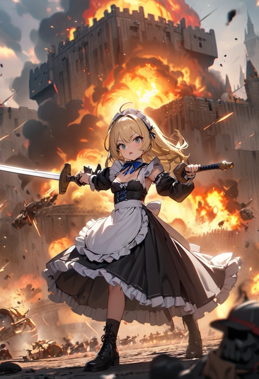 (8k, super high quality, masterpiece, )Ultra-high resolution, One Girl, cute, strong, Blonde, Small breasts,  black dress to hang your body,  White Apron , Blue ribbon, Gold A-line, Gold accents, Gothic maid outfit, long, Burning Battlefield, Castle Defense, explosion, Big two-handed sword, (Western-style sword, ), Sword competition, A strong enemy in front of me, Deadly Combat, Cornered, I&#39;m somehow managing to protect it all by myself., be cut by a sword, Torn Apron、Torn clothes：、Dirty clothes、Dirty with ash or soot、Dirt all over the body、scratch、Blood、Brandishing a sword with both hands、