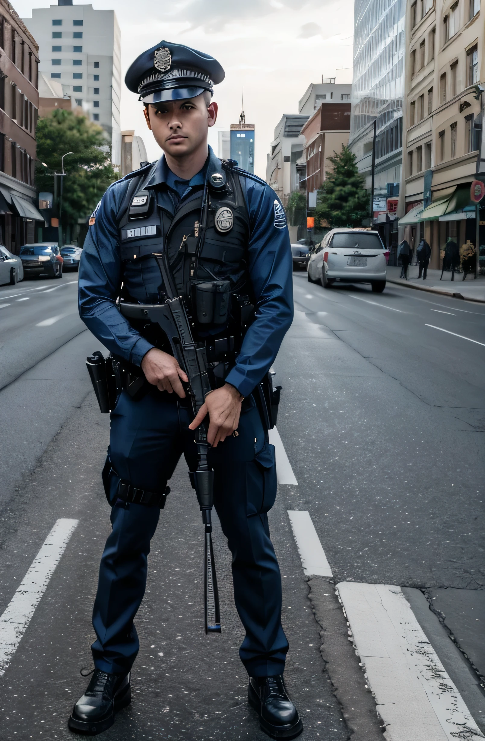 RAW photo of a UK police officer standing on the sidewalk <lora:British_Police_Uniform:1>