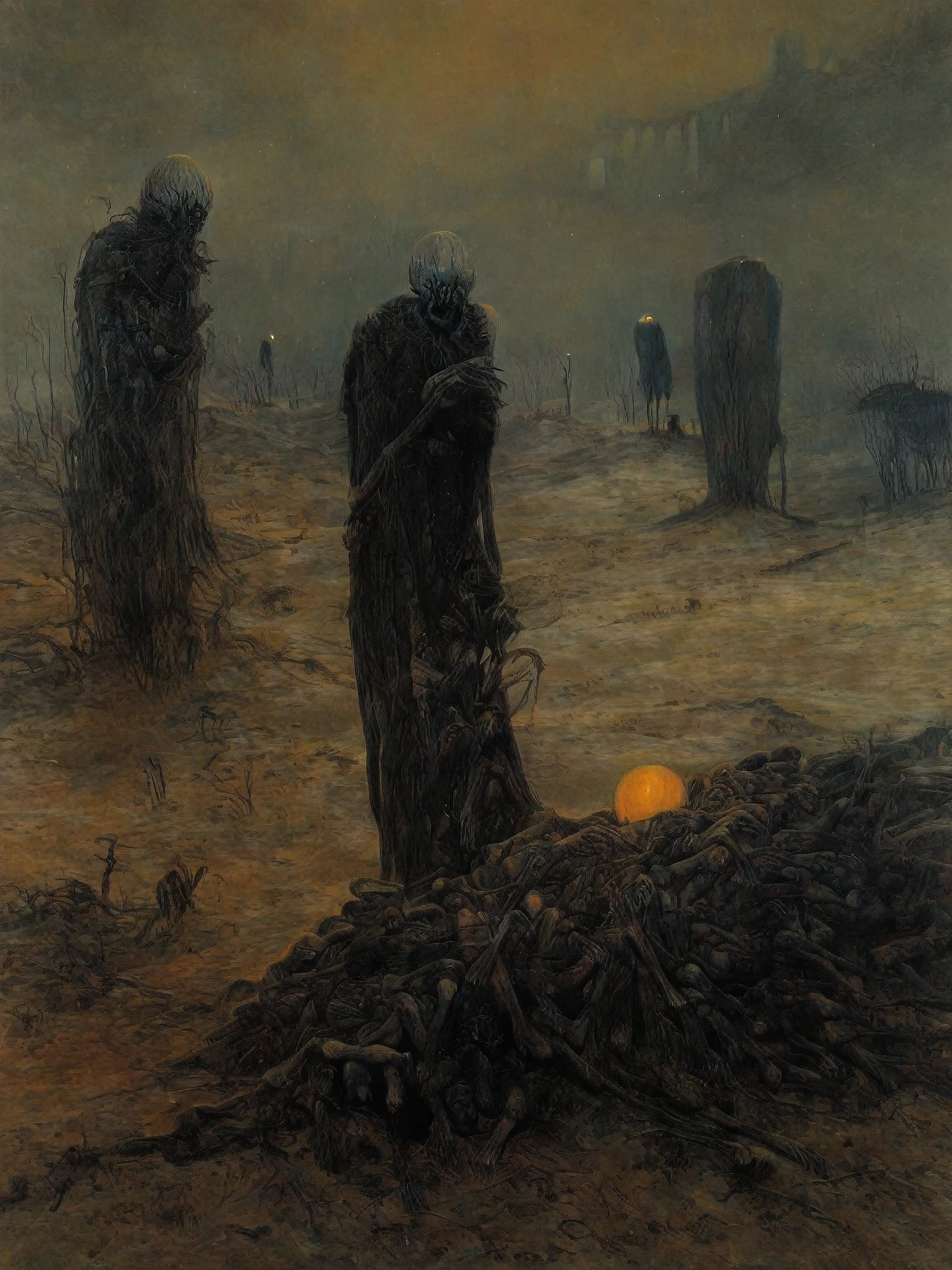 Mythical creatures, author：zislaw Beksiński and Brom, (The image is a painting that depicts a group of people in a barren landscape, with some of them appearing to be almost dead  )Album cover, romantic, Surrealism, Futuristic ,Smiling ,  Wizard, Abstracted, dark,  landscape (best quality:1.4),dw01-3400