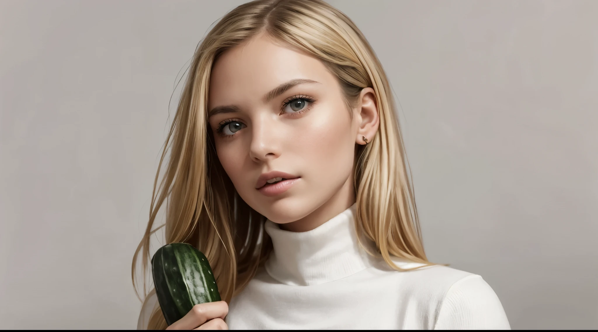 girl, (solo, kissing cucumber:1.2), cucumber, detailed cucumber, looking at viewer, detailed skin, straight hair, turtleneck shirt, simple background, surreal, feminine expressions, intimacy, affection, from side, blonde hair, innocent, high resolution, artwork, best quality, high and intricate details, highly detailed, sharp focus, realistic skin texture,