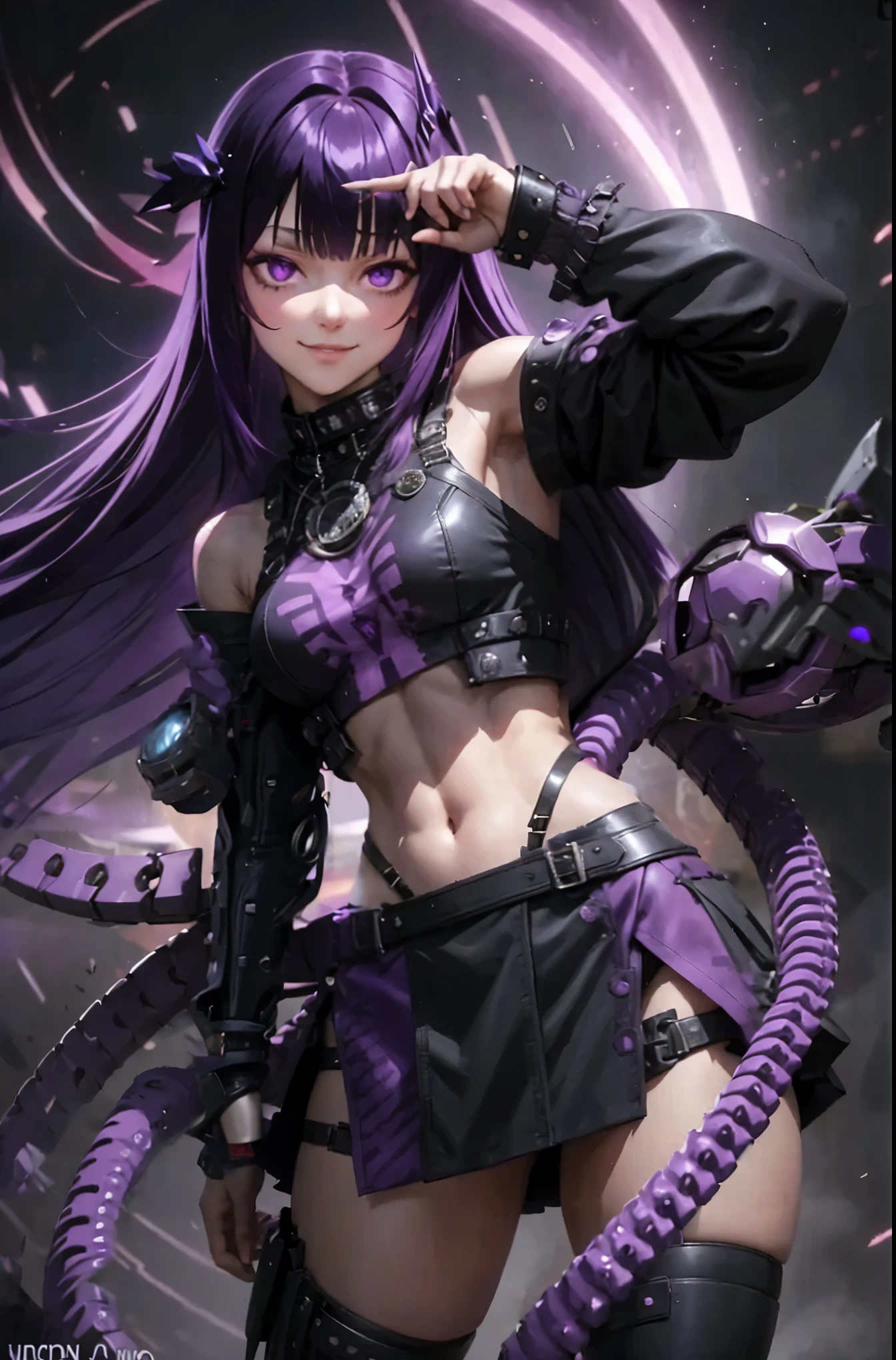 Purple punk costume. Purple-haired girl. Straight hair. Long. Straight bangs. Condescending. Sanpaku Eye. Miniskirt. Thighs. Evil Smile. Navel. Exposed shoulders. Sleeve. Mechanical Tentacles. Black mist background.