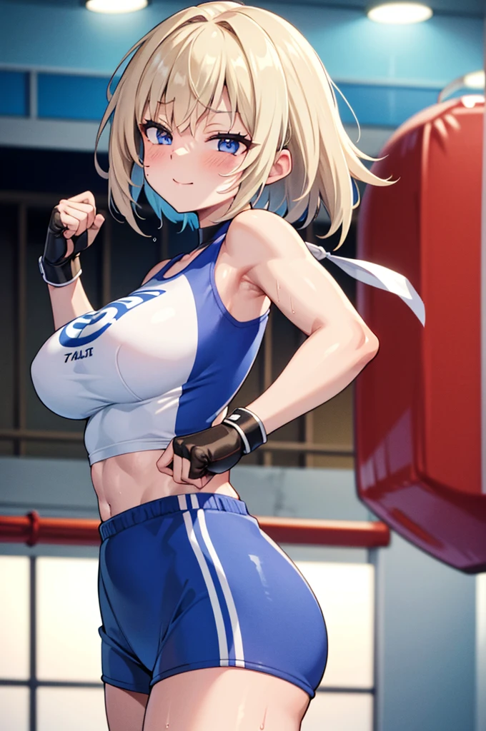 masterpiece, Highest quality, High resolution, One Girl, Hamriz, ponytail, Brown eyes,big , マイクロbikini、Cowboy Shot、Muscular body、blush、Sweat、Composition from the front、anime、(((Light blue bikini、Stand in front、audience、Shaking breasts、Boobs fully exposed、Facing forward)))、((Wrestling Arena)), (Female wrestler), (Slender body, 発Sweat, tired), Mature Woman, Mature Woman, (bikini, Very detailed wrestling equipment)