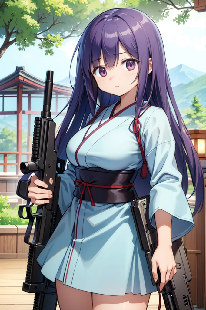 1girl, sonozaki mion, higurashi no naku koro ni, higurashi no naku koro ni mei, beretta 92, black kimono, blood, blood in hair, blood on clothes, blood on face, blood on hands, blood on weapon, blood splatter, copyright name, crazy eyes, crazy laugh, green eyes, green hair, gun, handgun, holding, holding gun, holding weapon, horror (theme), japanese clothes, kimono, long hair, looking at viewer, open mouth, ponytail, solo, teeth, upper teeth only, weapon, wooden wall, masterpiece, best quality