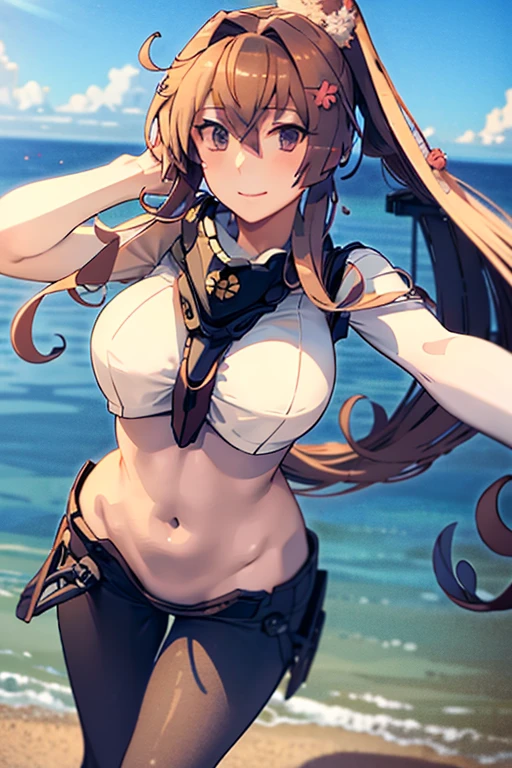 (masterpiece:1.2), (highest quality:1.2), perfect eyes, perfect face, perfect lighting, middle ages, grassland, Rock Shade, , 1 girls,blonde　aqua eye, ((hair over one eye)), ((((wavy hair)))), spiked hair, medium hair, ponytail, ((((white bikini armor)))), cute eyes, open mouth, ((from above)), ((front)), ((arms behind head)) , ((spread legs)), (glaring), spoken heart, (big breasts), nipple, ((((cum on body)))) , abs, ((disdain)), organis , ahegao, (faceless male), hetero, penis, ((breathless)), Sweat