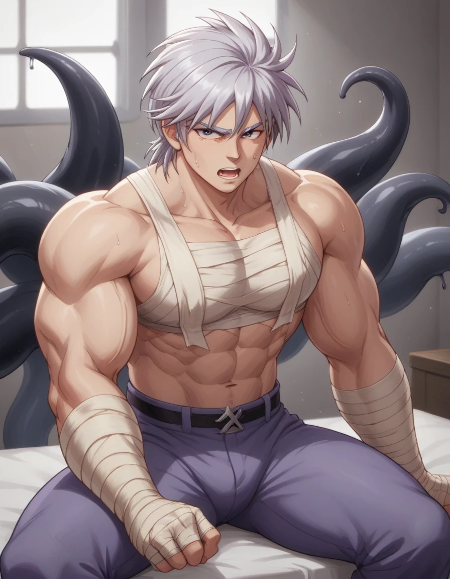 Hünkel,bandage,Silver Hair,Hulk-like body,(((18-year-old boy,Huge penis))),((Being pinned down by black tentacles)),Open your arms wide and clench your fists,Open your mouth wide,Wide, unfocused eyes,Many protruding veins,((Black tentacles attack from behind)),((Black tentacles shoot out from his chest:1.5)),Full body images,Painful expression,Black undershirt,Huge erect penis,A lot of sweat, tears, drool and semen,In the middle of the Colosseum,Gives off an evil aura,Standing karate stance,Toned Muscles,rape,Devil's Body