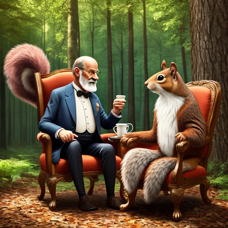 a caricature of sigmund freud conversing with a colorful cute squirrel on a large armchair in the middle of a forest, detailed face, photorealistic, extremely detailed, 8k, high quality, cinematic lighting, vibrant colors, digital art, concept art, hyperrealistic, masterpiece