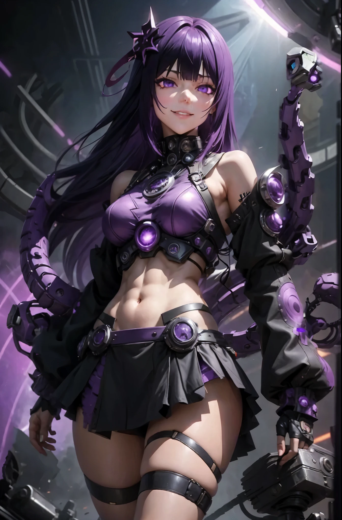 Purple punk costume. Purple-haired girl. Straight hair. Long. Straight bangs. Condescending. Sanpaku Eye. Miniskirt. Thighs. Evil Smile. Navel. Exposed shoulders. Sleeve. Mechanical Tentacles. Black mist background.