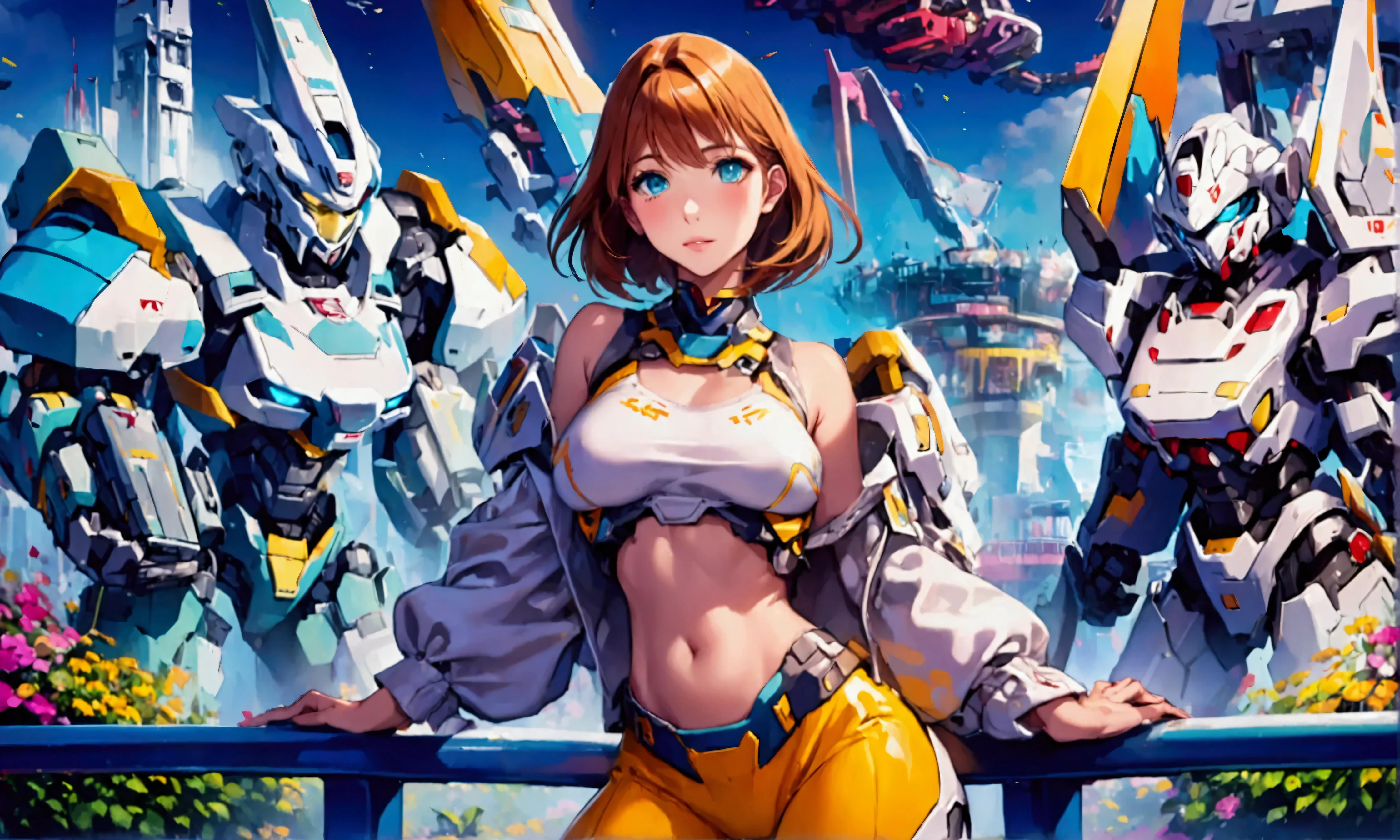 A cute woman, age 25, two piece outfit, belly uncovered, beautiful detailed eyes, beautiful detailed lips, extremely detailed eyes and face, long eyelashes, detailed skin, detailed hair, detailed clothing, at a Gundam themed amusement park, extremely flashy sci-fi theme park, crowded theme park, mecha styled rides, futuristic architecture, neon lights, dynamic composition, cinematic lighting, vibrant colors, photorealistic, 8k, best quality, masterpiece, highly detailed, intricate details