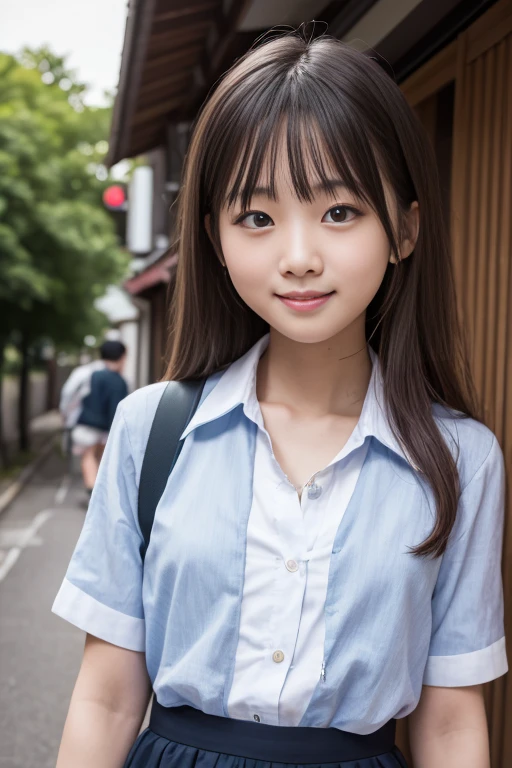   High quality masterpiece  , 8k, , Japanese Girls, RAW Photos, Absurd, Winner portrait smile face, 笑face, Alone, uniform, Summer Clothes Idol&#39;face, violet, Gardenia, Delicate girl, Long black hair, Dark Eyes, Upper body digital SLR,      Observe the Audience, Frank, Sophisticated, Like々Shii, Thin arms,    Professional Lighting,     film grain,     Color variations    , (Details of the eye and face: 1.0), (Bokeh button:1.1)