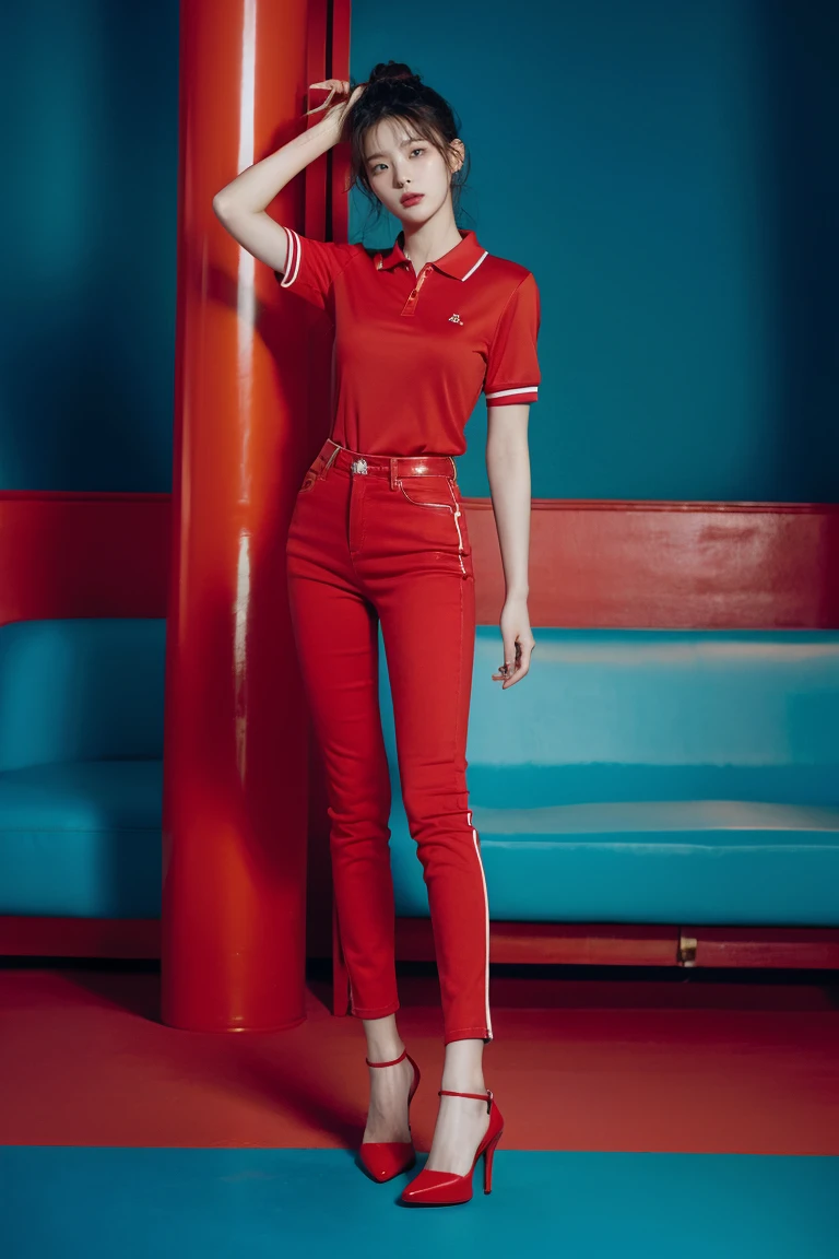 Hot Korean woman wearing red tennis polo, blue skinny tight jeans, and red high heels. Full body from head to toe. Standing in a full height from head to toe. 8k HD resolution best quality.