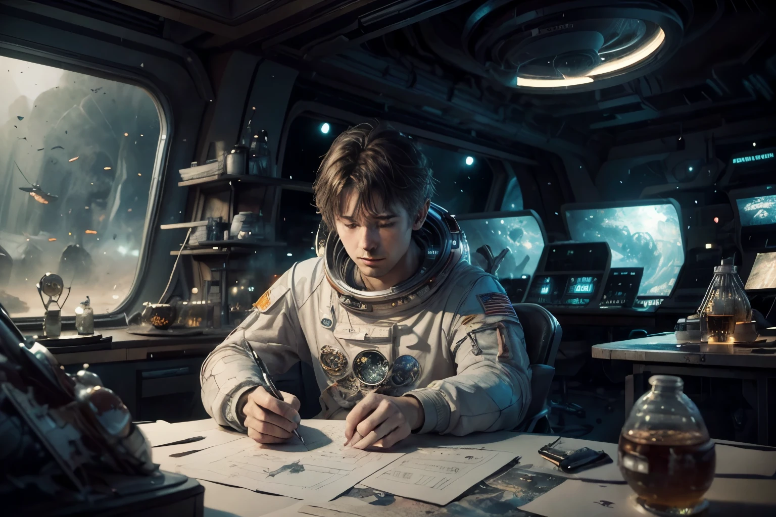 Un piloto espacial observando el viejo panel de control de su nave espacial, imagen realista, Disco duro, Size 1920 x 1080 px, 4k