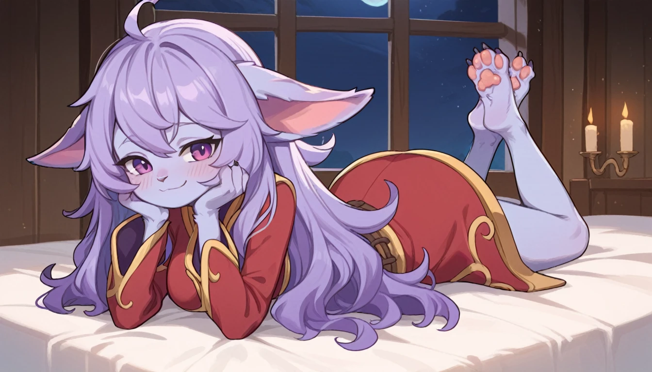 score_9, score_8_up, score_7_up, best quality, masterpiece, Lulu, (absurdly high resolution:1.4), laying down on stomach, from side, (short, diminutive, smol), yordle, (humanoid, light purple skin, purple eyes, (long ears, horizontal ears), long horizontal yordle ears, claws, feminine), black sundress, barefoot, cute, adorable, slim, thin, (hair, fluffy hair,), large breasts, sleepy expression, blush lines, submissive), solo, space station bedroom, pillows, window, night sky, Expressive, young, expressive shortstack, outer space, perfect nails,