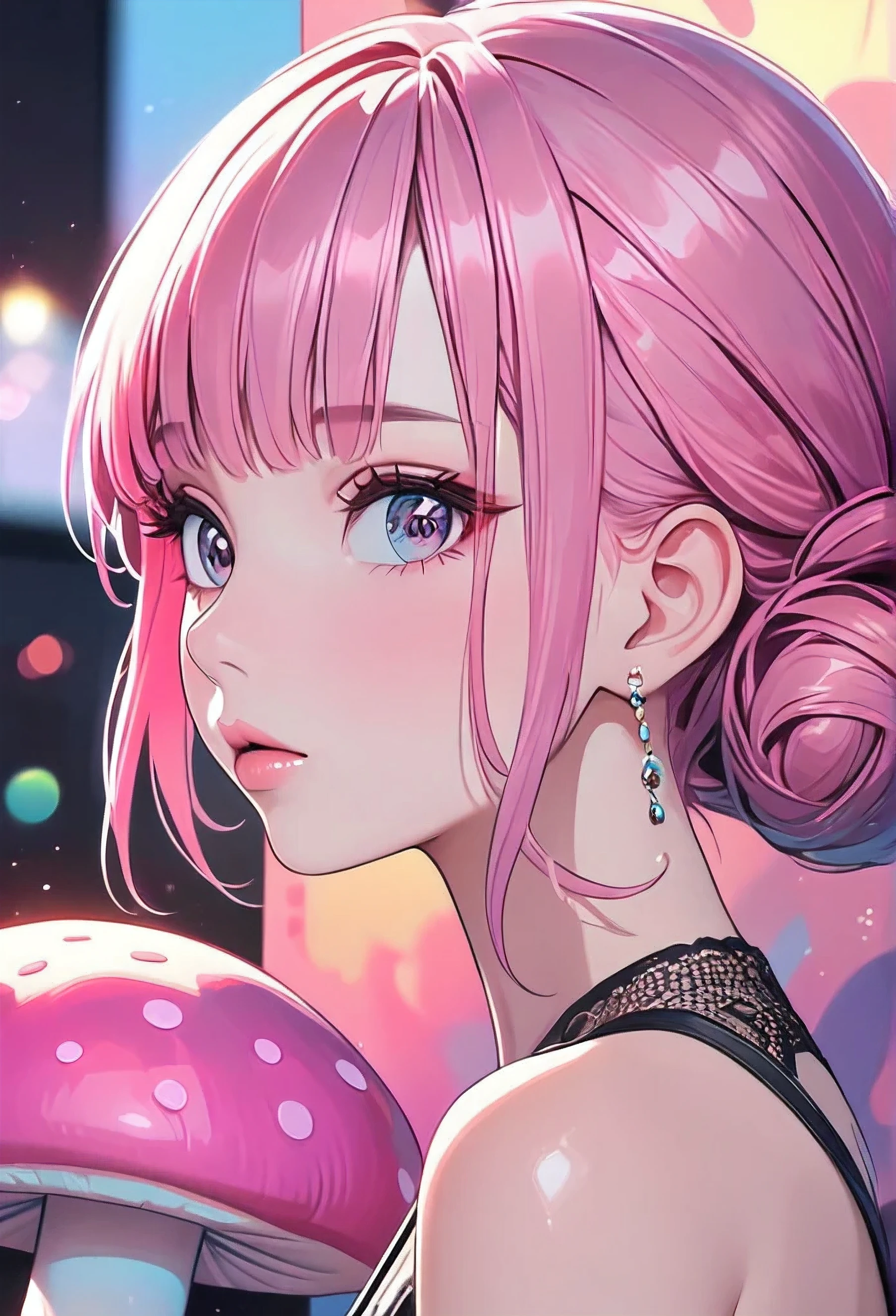 1girl,beautiful 18 year old girl,pink hair in a bun,bare shoulders,kissing a giant mushroom,elegant,chic,modern,fashionable,muted colors,soft lighting,art nouveau,psychedelic anime style,colorful,trippy,(best quality,4k,8k,highres,masterpiece:1.2),ultra-detailed,(realistic,photorealistic,photo-realistic:1.37),HDR,UHD,studio lighting,ultra-fine painting,sharp focus,physically-based rendering,extreme detail description,professional,vivid colors,bokeh