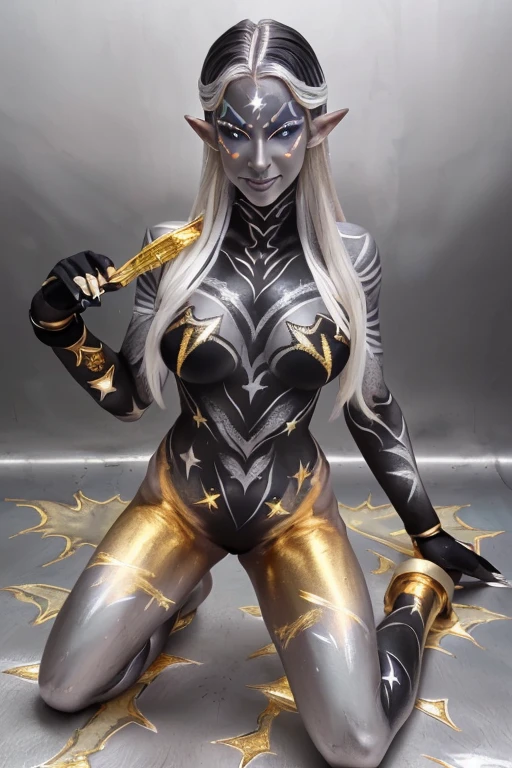 (SFW:1.3), High quality, Elf, (Full body silver body paint:1.5), (Black gradient paint towards the tip of the arms and legs:1.2), Silver body paint, Silver makes up, (Black ombre stripe patterns body paint:1.5),  (Gold star patterns body paint:1.5),Photorealistic, Bat feathers, silver hair, large breasts, realistic, kneeling, smile, blue eyes, bikini