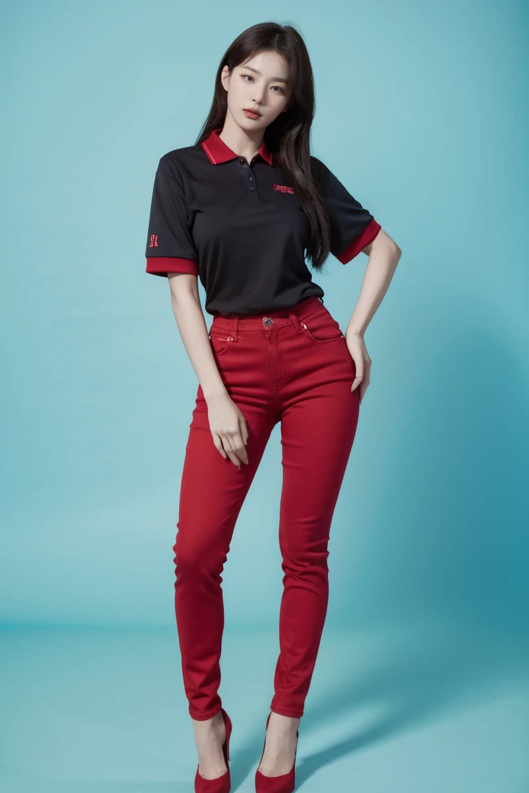 Hot Korean woman wearing red tennis polo, blue skinny tight jeans, and red high heels. Full body from head to toe. Standing in a full height from head to toe. 8k HD resolution best quality. Studio Background 