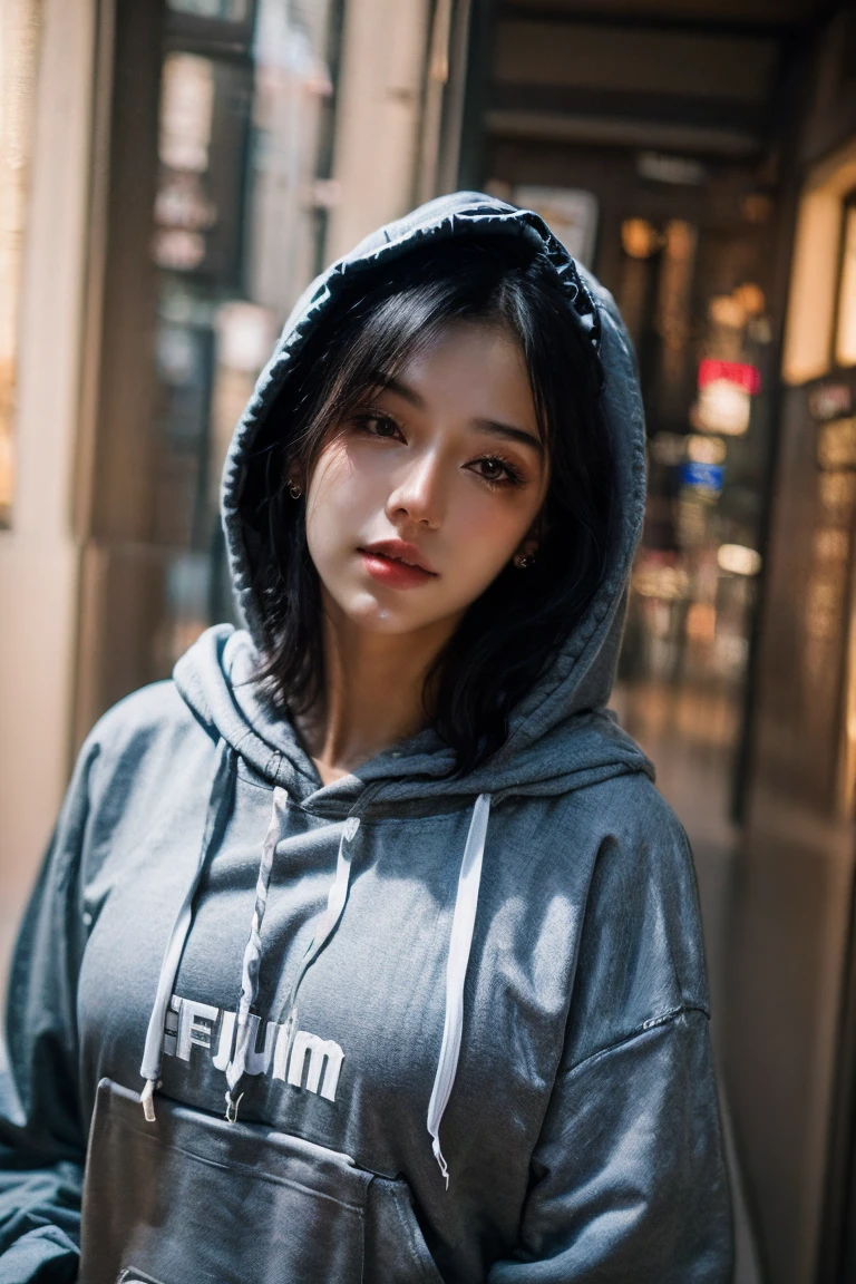 (photorealism:1.2), beautiful woman, tied back hair, teen, black hair,  (hoodie:1.2), Fujifilm X100V