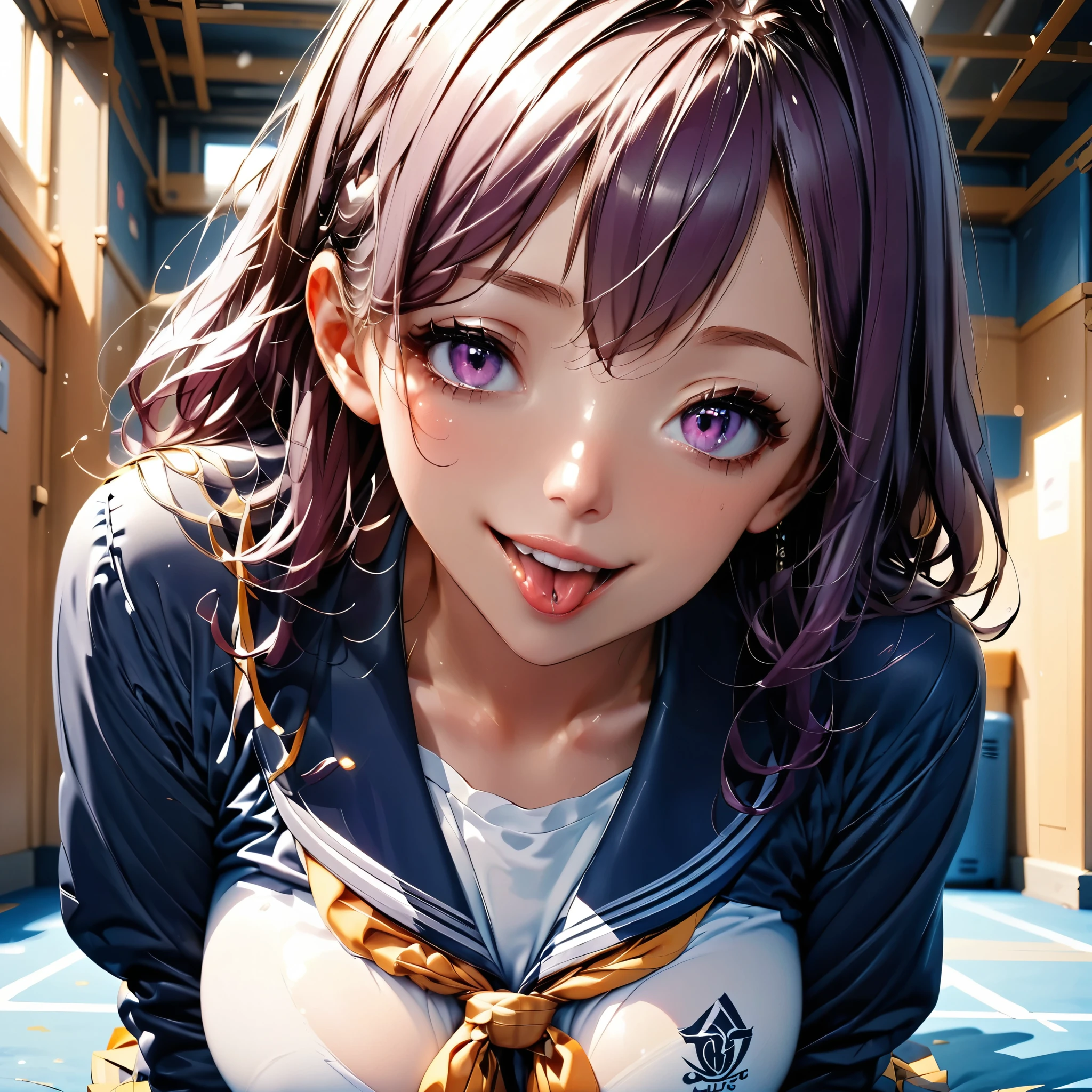 (Highest quality:1.2, Very detailed, Digital illustration, High Detail, masterpiece:1.2, Highest quality, Best aesthetics), (((1 Girl))), JK, Sailor suit, Pleated skirt, Open your mouth:1.2, Showing tongue, smile, (deep purple Hair, Braid), Dynamic Angle, Friendly atmosphere, Beautiful Hair, Shiny Hair, Beautiful Skin, Detailed face and eyes, Glossy Lips, Curvy Women, On all fours:1.2, gym, Looking up, Accurate fingering, Light and shadow with attention to detail, Background Blur. 