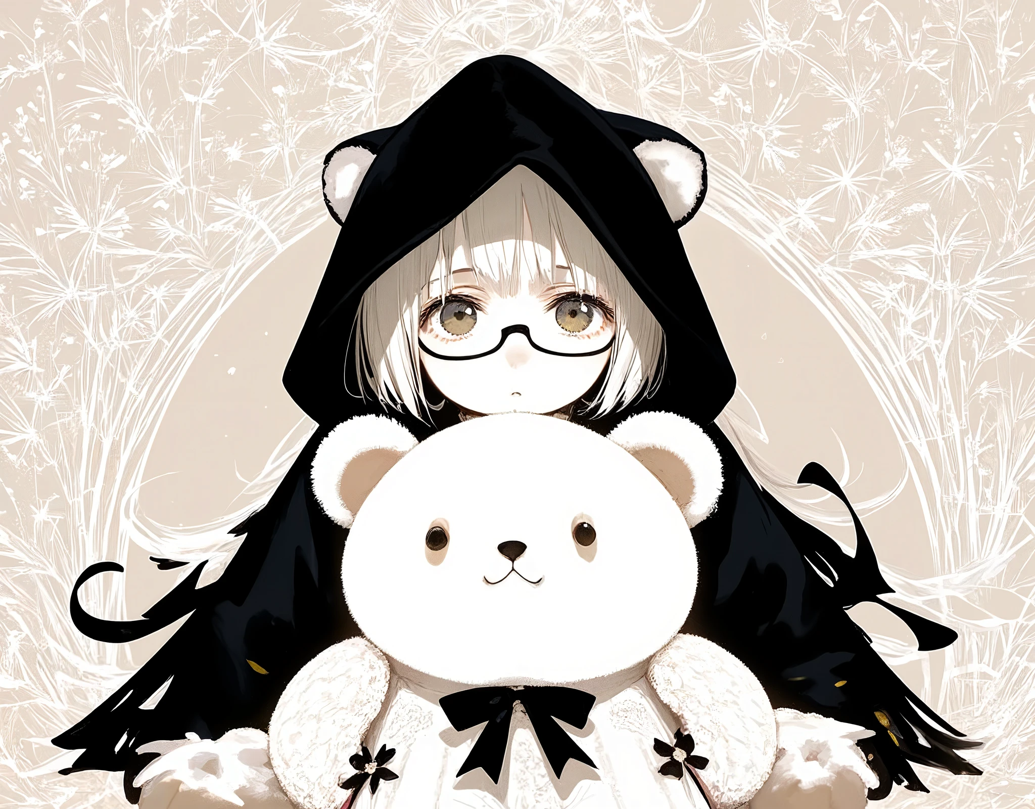 
Delicate drawing with very fine lines. use only sepia colors.monotone. A girl\(white skinned,short white hear,black bear-eared hood,black glasses\) wearing a black robe\(decorated by so many beautiful white delicate floral laces\) and a white dress (cute ruffles and ribbons) is crouched and hidden behind a teddy-bear wearing a black ribbon and peeping at viewer. In the background, many kinds of flowers are beautifully arranged in a geometric pattern reminiscent of the Tarot.