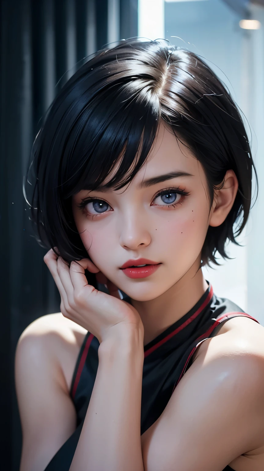 1 girl, (china dress, navy blue ) (short hair:1.1), (Put your hands behind your back:1.1), (Practical:1.7), ((best quality)),absurdres ,(Ultra-high resolution),(photorealistic:1.2, Tyndall effect,Realistic, Dark studio, Rim Light, Two-tone lighting, the best Rendering, (hyperPractical:1.2), (outstanding beautiful face:1.2), (8K), (4k), (masterpiece), ( extremely detailed skin texture), hmovie lighting, wallpaper),( beautiful eyes:1.2),((((Perfect face)))),(Lovely),(permanent),(Black Hair),(short hair),black eyes,red lips, (outdoor),