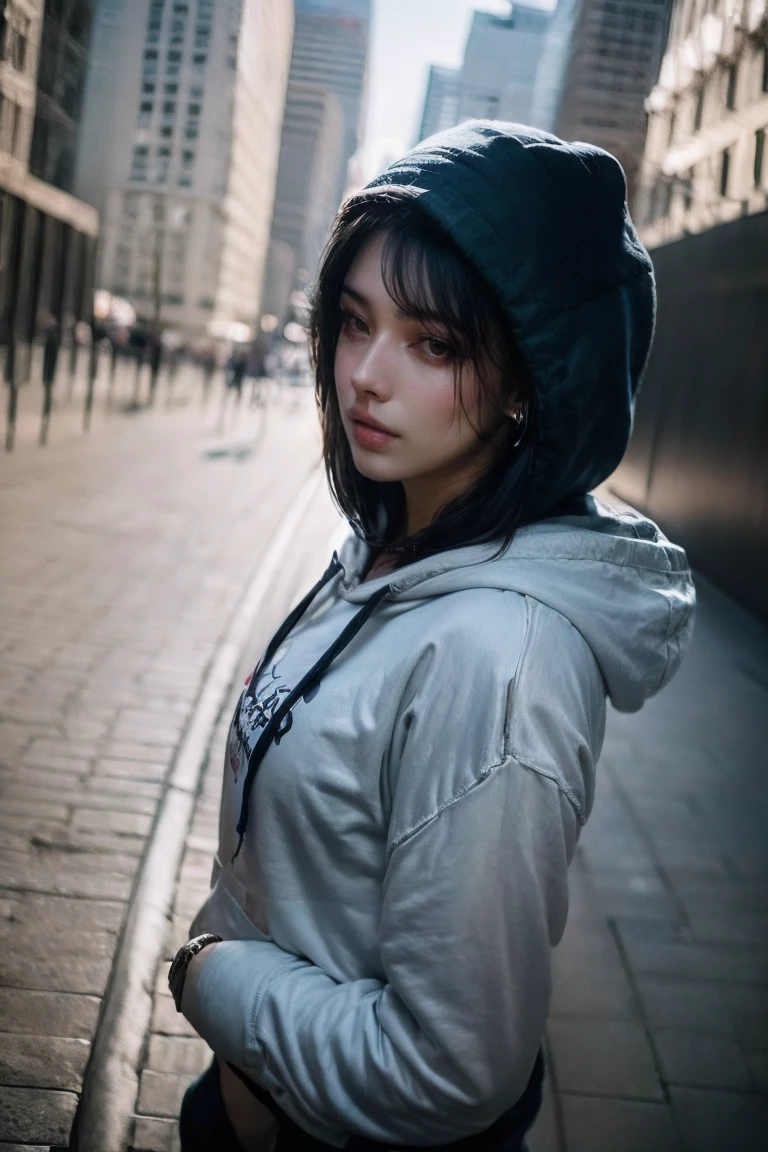 (photorealism:1.2), beautiful woman, tied back hair, teen, black hair,  (hoodie:1.2), Fujifilm X100V