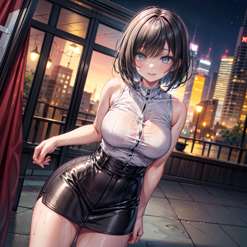 extremely delicate and beautiful girls, extremely detailed character, finely detail, incredibly detailed, super fine illustration, flying_sweatdrops, extremely detailed body, petite, girl,woman,female, young,20 years old, medium hair, curly hair, bangs, hair between eyes, side braid, blonde hair, multicolored hair, beautiful detailed Glass hair, delicate beautiful face, ^_^, extremely detailed eyes, fang, bare_shoulders, medium_breasts, thighs, pale blue eyes, dark_skin, extremely detailed lace, sunglasses, choker, leather jacket, no_bra, black_shorts, boots, detailed background, night, background Urban rooftop, ultra detailedgrand movement, very precise detailed, extremely detailed 8K wallpaper, very fine 8K CG wallpaper, upper body