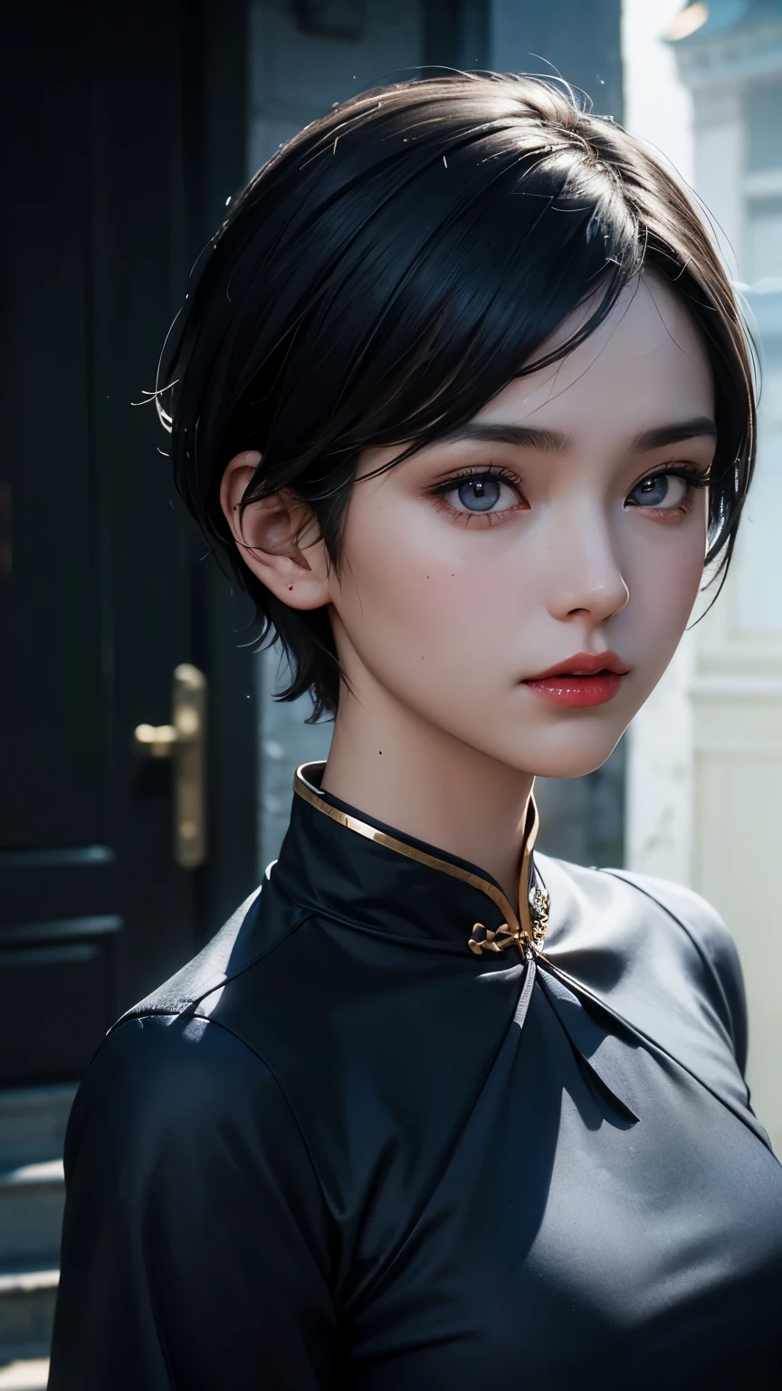 1 girl, (china dress, navy blue ) (short hair:1.1), (Put your hands behind your back:1.1), (Practical:1.7), ((best quality)),absurdres ,(Ultra-high resolution),(photorealistic:1.2, Tyndall effect,Realistic, Dark studio, Rim Light, Two-tone lighting, the best Rendering, (hyperPractical:1.2), (outstanding beautiful face:1.2), (8K), (4k), (masterpiece), ( extremely detailed skin texture), hmovie lighting, wallpaper),( beautiful eyes:1.2),((((Perfect face)))),(Lovely),(permanent),(Black Hair),(short hair),black eyes,red lips, (outdoor),