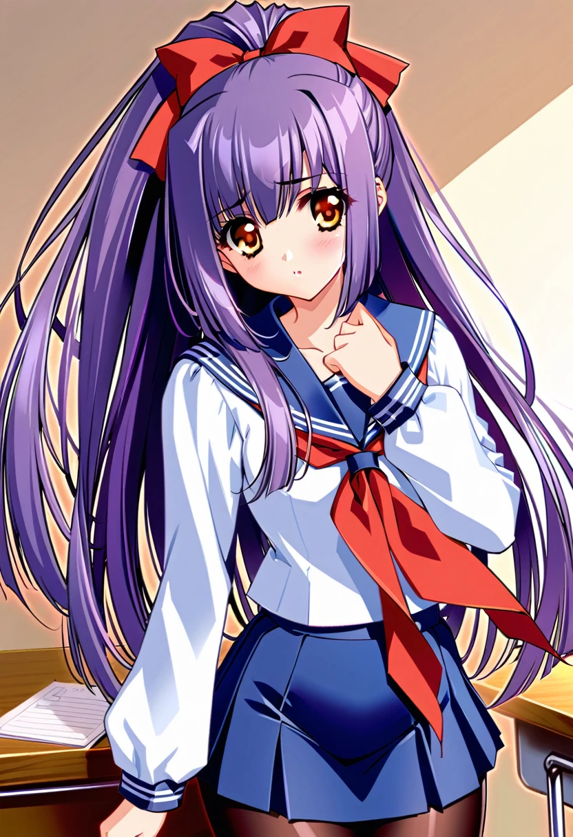 Suzuna Kuraki, 1 girl ,Alone,、(Sailor suit、Navy blue mini skirt)、pantyhose、Long Hair, ponytail,Red ribbon,(Purple Hair),,Orange Eyes,classroom、 cowboy shot