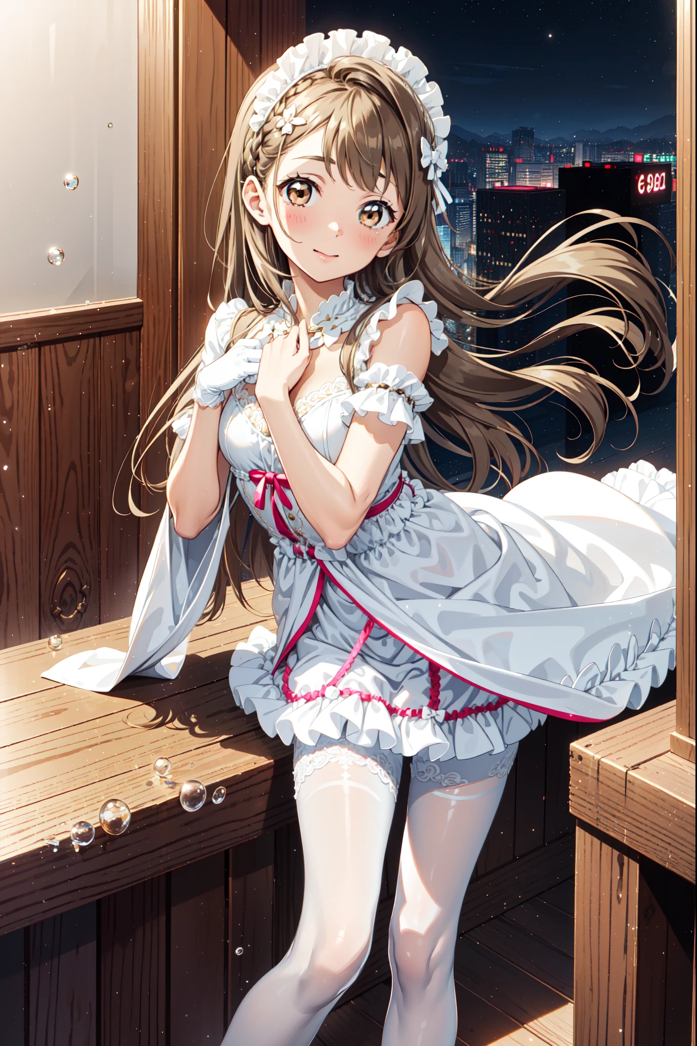 Teen Girls，，have fun，in love，(Girl in white modern shirt and robe，Wearing pantyhose:1.2)，(Black Ruffle Bow Gloves)，Lace，Wrinkles，Bubble Skirt，Lovely decoration，Brown hair，Golden Eyes，White hair sacred headdress，透明Lace，Exquisite clothing，Alone，Mysterious room，(night:1.1)， Delicate and Beautiful Face ，Special hairstyle,Slightly curly hair，Reasonable human body