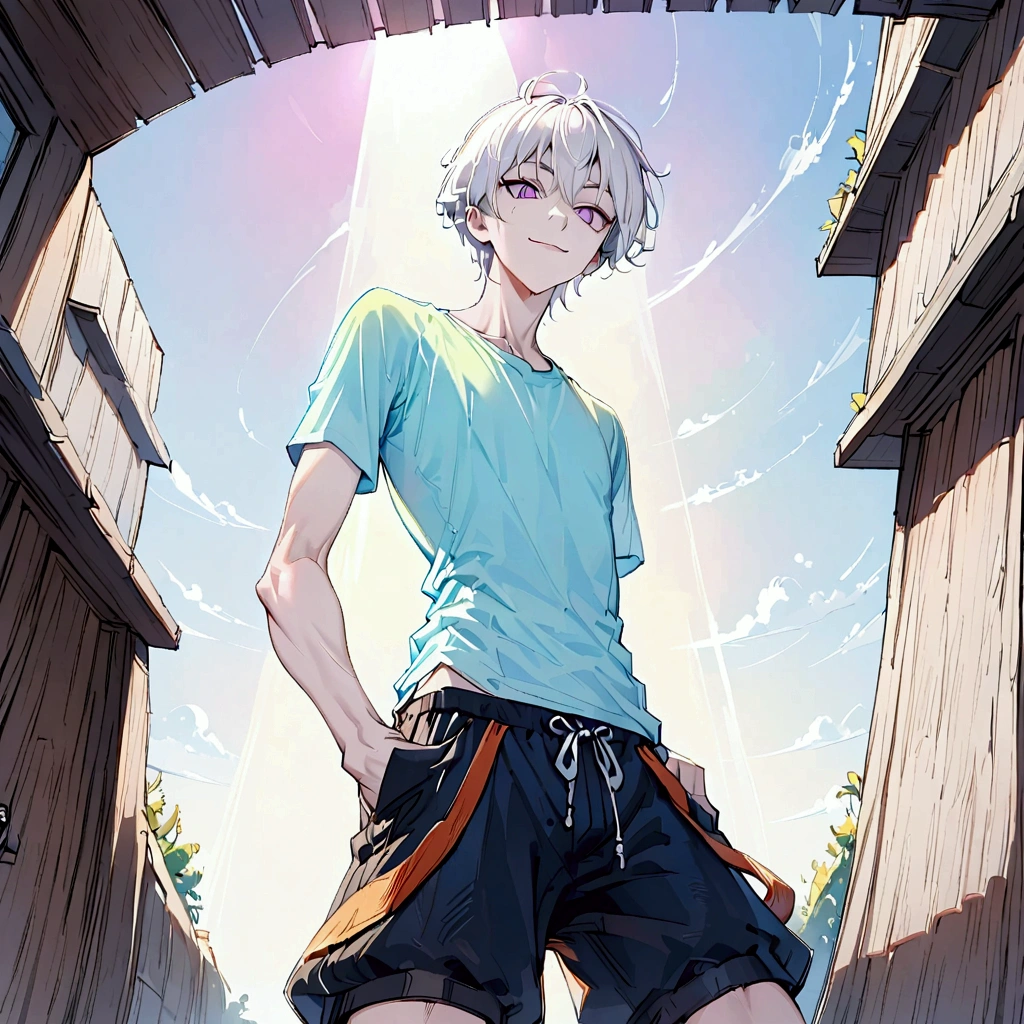 A white haired guy with sharp, violet eyes. His hair is reaching his shoulders, messy and wild. Pose leaning forward, looking at the camera, sharp gaze, hands in his pockets and a satisfied smirk on his face. He's wearing a tight fitting t-shirt, bright t-shirt a pair of loose shorts and big combat boots. The scene takes place during the day, bright sunlight illuminating his silhouette, Clear face, distinct face, view from below, perspective from below, toned physique, skinny, tall, lean, intense eyes