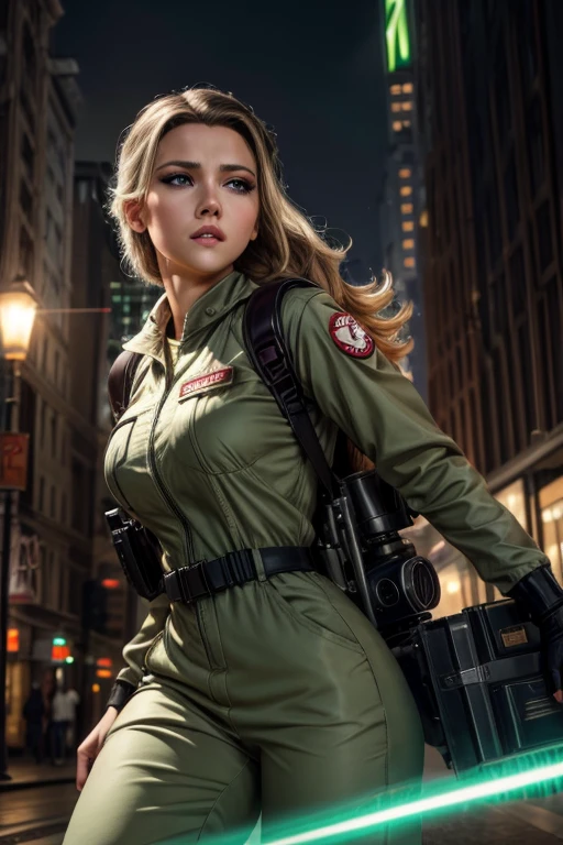 (Best Quality, 4k, 8k, High Resolution, Masterpiece: 1.2), Ultra Detailed, (Realistic, Photorealistic: 1.37), [1woman, Scarlett Johansson, Ghostbusters, gray jumpsuit with Ghostbusters emblem, soft lips, eyeliner, smoky eyes, beautiful and detailed green eyes, PERFECT FACE, perfect anatomy, medium breasts, Ghostbusters uniform, Sexy Ghostbusters low-cut jumpsuit, natural lighting, depth of field, buildings with green lights in the windows, dark sky with lightning, sensualizing movement pose, proton gun shooting can