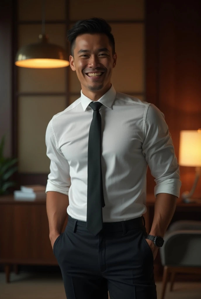 Asian man(korean,vietnamese,chinese,Japanese), 30 years old, burst smile,happy,Handsome and elegant,beardless, Wearing a transparent shirt, sexy , Masculine and handsome,musculous,Muscles look good,hairy bodies, with fair skin,, Full body photo,(ultra-detailed, photorealistic, best quality, 4k, 8k, highres, masterpiece:1.3), charming , (muscular build body), wearing tailored shiny dress shirt, with the top button casually undone, perfectly fitted charcoal trousers, sweat, unbutton buttons shirt, lewd face ,tight chest, sex, erotic, horny, Accessories include a luxury wristwatch in the Classroom,looking at viewer,muscle veins, sexy posing,lying on your back in classroom,top view,surrounded by boys