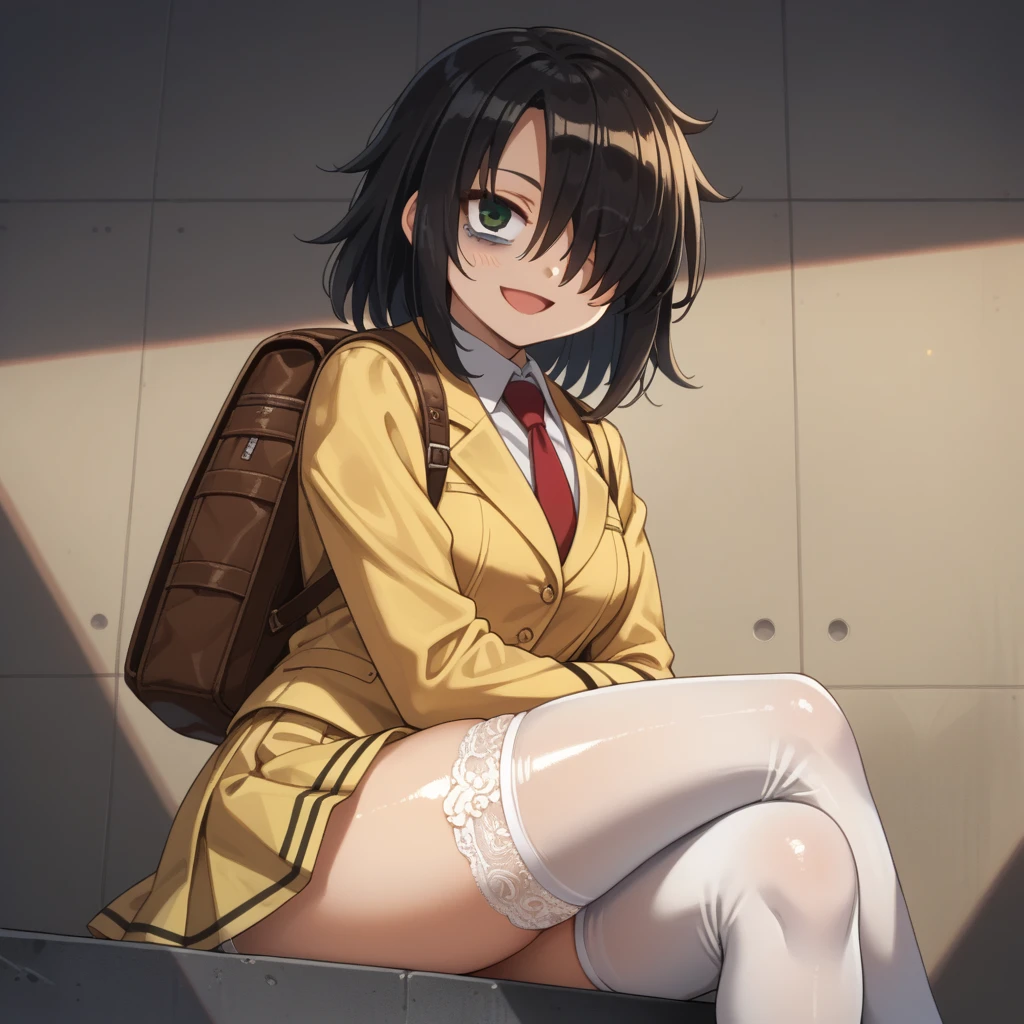 score_9, score_8_up, score_7_up,, solo, source_anime, tomokoxl, bags under eyes, hair over one eye black hair, medium hair, school uniform, red necktie, yellow skirt, short skirt, pleated skirt, yellow jacket, standing, cowboy shot, sitting, crossed legs, thick thighs, shiny skin, focus in crossed legs, underwear, white underwear, shiny underwear, lace underwear, white lace underwear, shiny lace underwear, panties, white panties, shiny panties, only crossed legs pose, sexy crossed legs, perfect crossed legs, sexy legs, big thighs, oiled thighs, oiled legs, smile, open mouth, glowing green eyes, evening time, dark room, breast, big breast, thigh highs, white thigh highs, lace thigh highs, high heels, black high heels, backpack, leather backpack, brown backpack, focus in crossed legs, focus in legs,