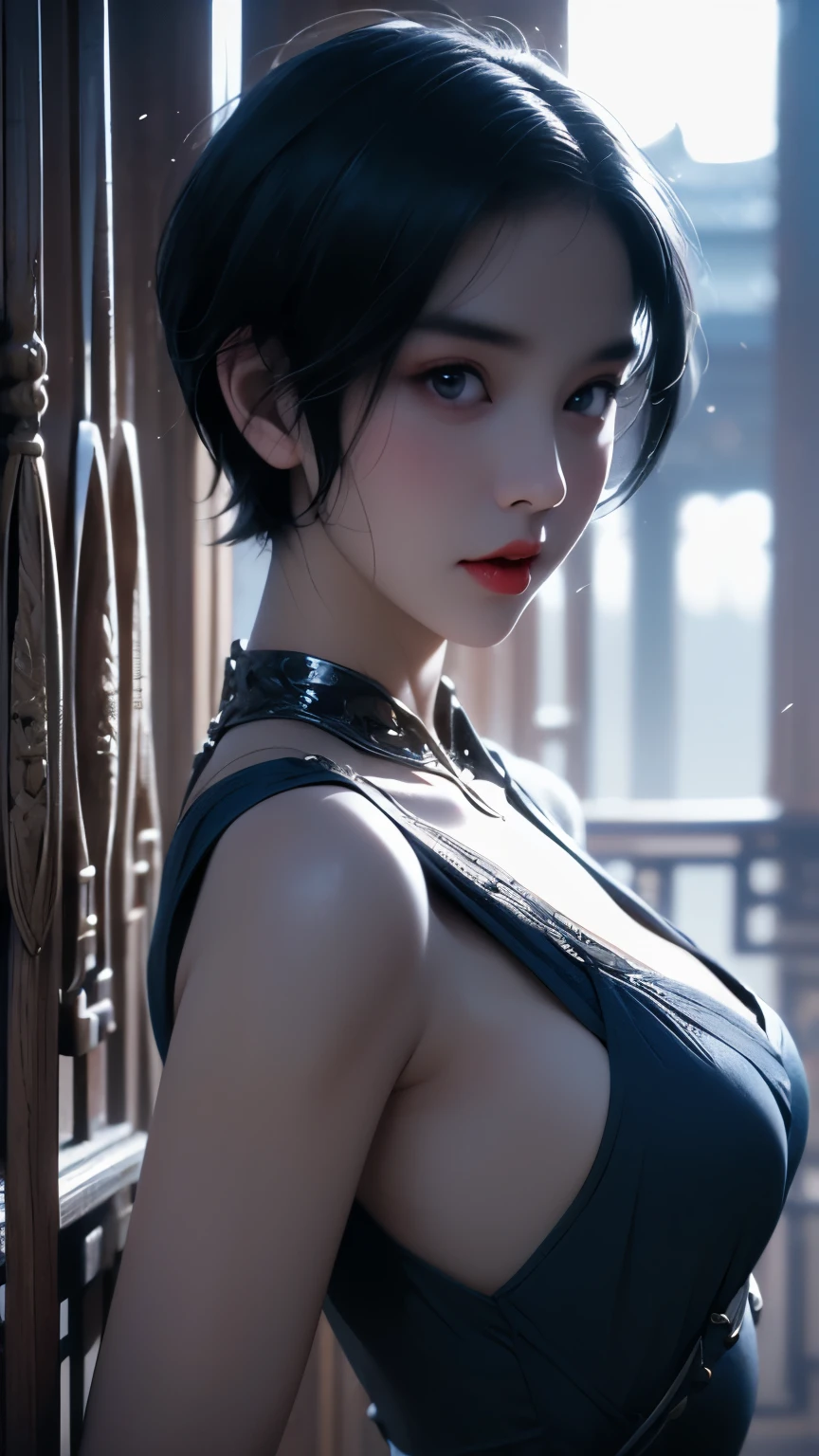 Decorated with intricate patterns and bright colors、Thin black halter neck with flowing silky traditional see-through skin、body suit、shackle、Artistic depiction of a seductive woman dressed in。Her dress draped elegantly around her curvaceous figure、Emphasizes her charming silhouette。She stands gracefully in a gentle moonlit night、bathed in the soft glow of moonlight。The scene is、With a hint of mystery and sensuality、It exudes an ethereal dreamy atmosphere。The image style is、Incorporates a blend of watercolor and digital illustration techniques.、It makes you feel delicate beauty and charm。Soft moonlit lighting、Cast gentle highlights and shadows on her mesmerizing features。Sit in a very luxurious upholstered chair、The hand is somewhere、see -through、show through、A sexy、Wet hair、Lustrous skin、Lustrous hair