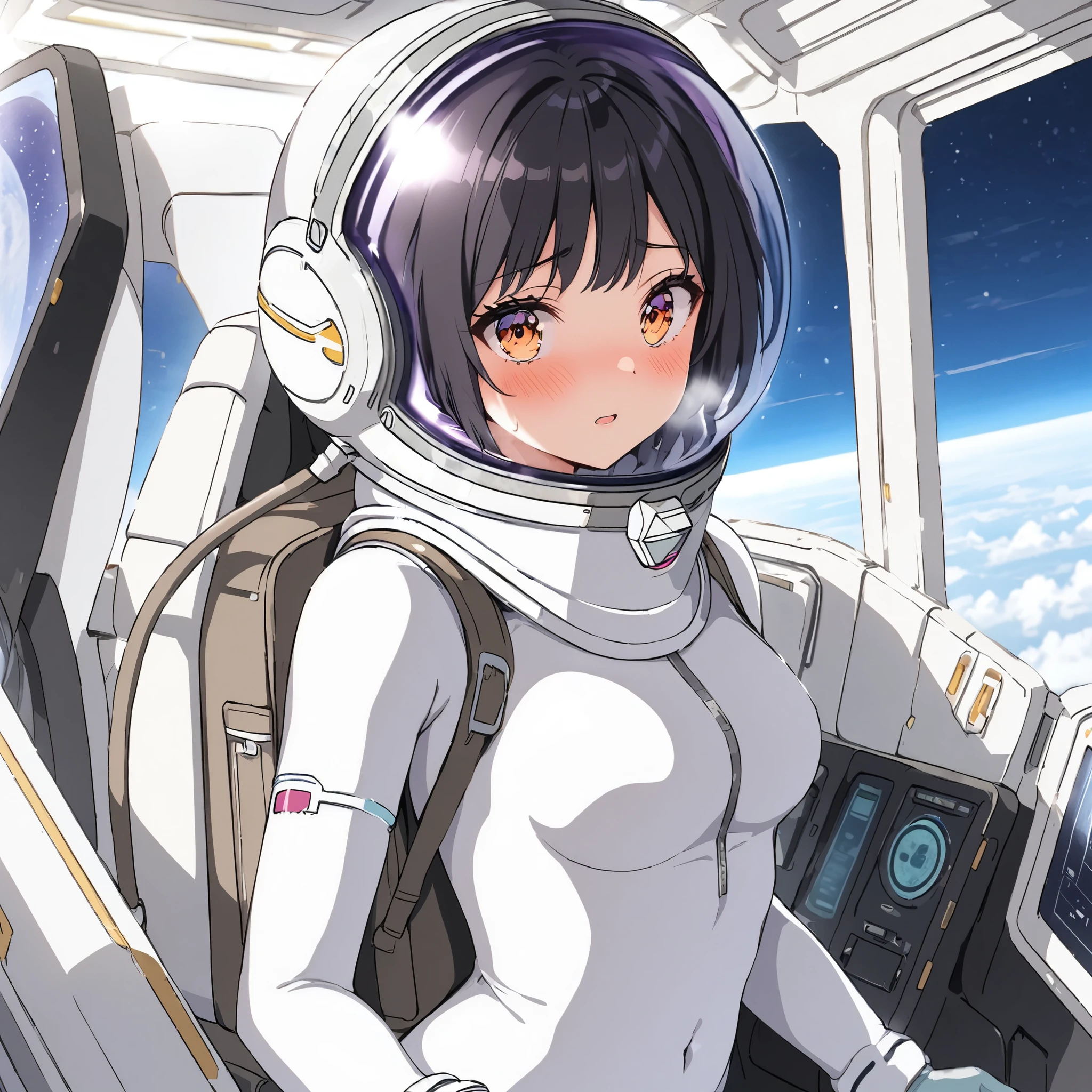 1人of女of子,Alone,short hair,(Space Suit:1.15), Black Hair Space Helmet ,whole body, indoor, masterpiece of the highest quality,  trembling, difficulty breathing, bodysuit before boarding,Lumine , Bubble Helmet, short hair,  backpack,gloves,blush,internal (cockpit) of (Futuristic spaceship:1.6), Sitting on narraw futuristic spacecraft cockpit seat, Covered navel, short hair