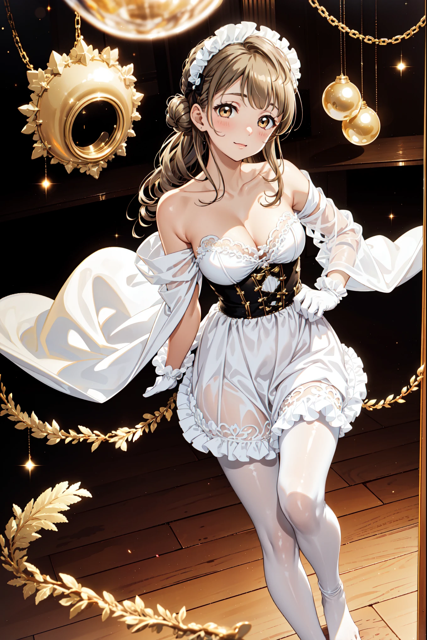 (masterpiece:1.8),(Highest quality:1.8),(Very detailed:1.8),(8K:1.8),(Ultra-fine Illustration:1.5),Cute Single Mature Women,skinny,Small Ass,Straight twin tails,Flat Chest,Small breasts,(Shiny metallic gold,good,panties),,Gold Corset,choker,Gold Long Gloves,gold boots,(Cheerful pose:1.5),stand,(Trying on lingerie in a lingerie shop),Full body angle,