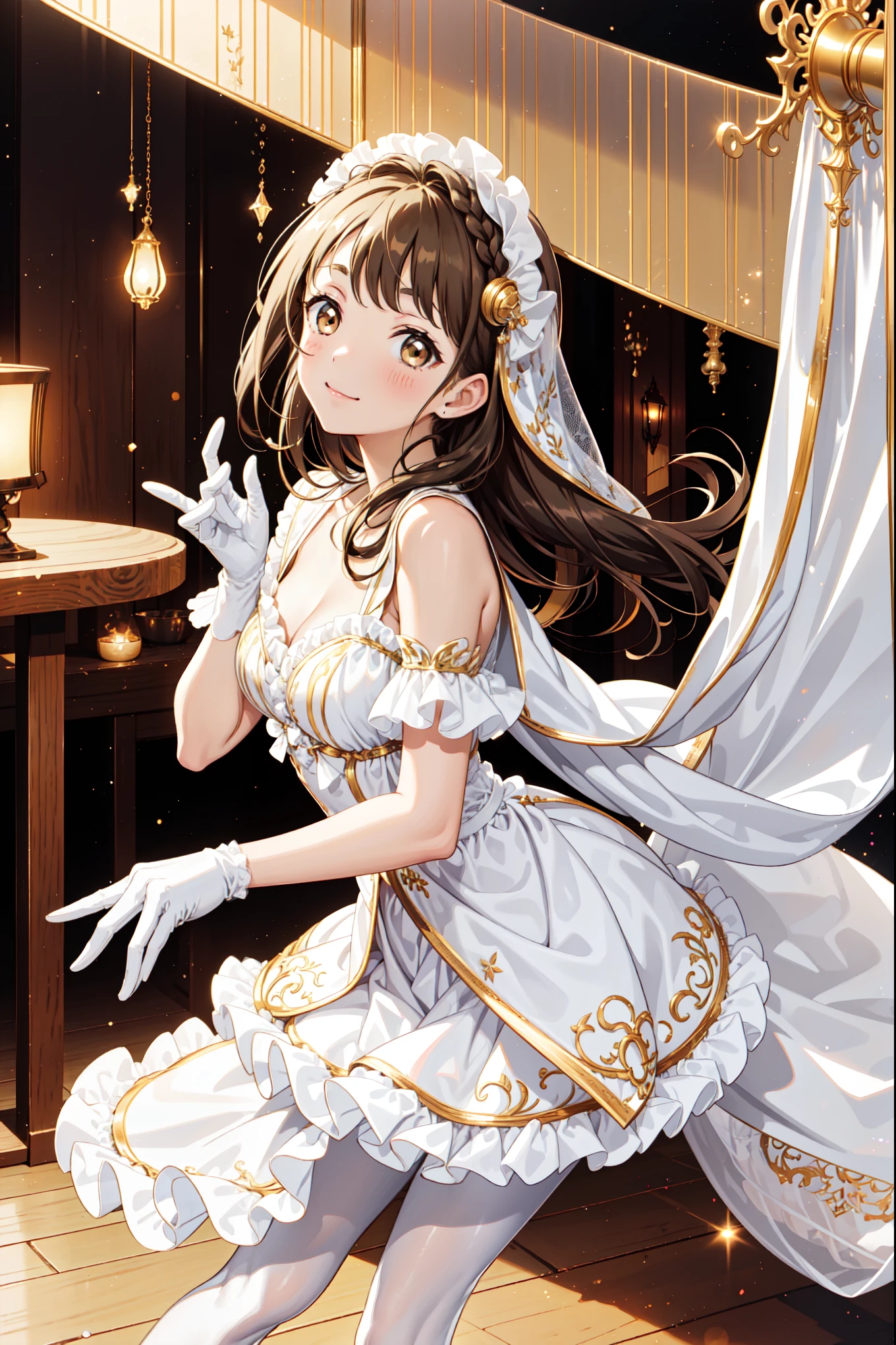 Teen Girls，，have fun，in love，(Girl in white modern shirt and robe，Wearing pantyhose:1.2)，(Black Ruffle Bow Gloves)，Lace，Wrinkles，Bubble Skirt，Lovely decoration，Brown hair，Golden Eyes，White hair sacred headdress，透明Lace，Exquisite clothing，Alone，Mysterious room，(night:1.1)， Delicate and Beautiful Face ，Special hairstyle,Slightly curly hair，Reasonable human body