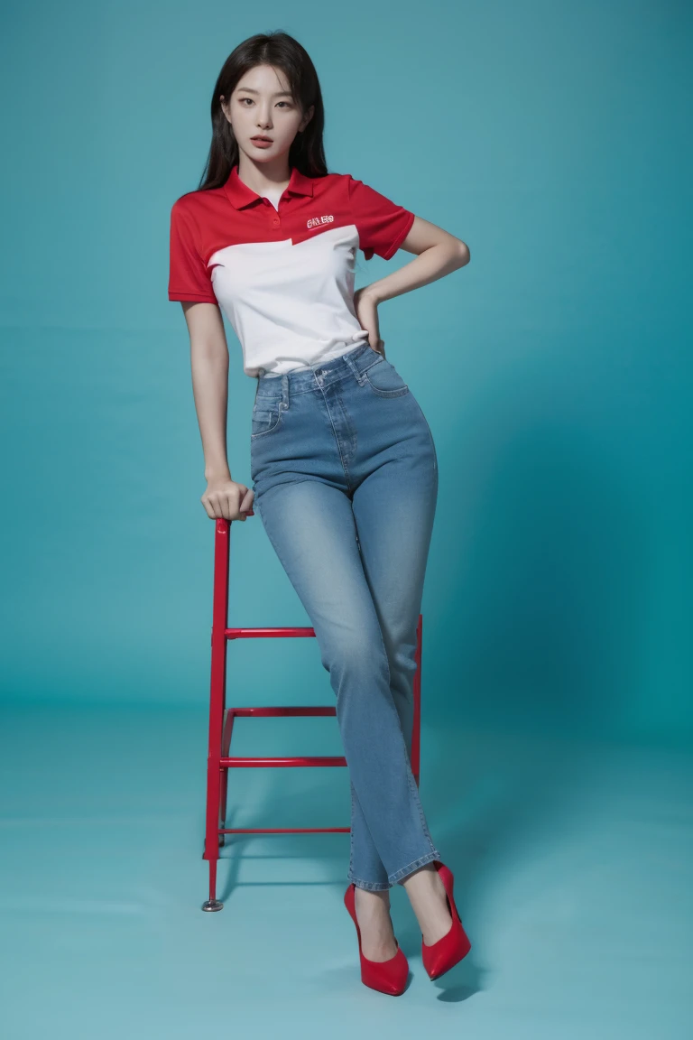 Hot Korean woman wearing red tennis polo, blue skinny tight jeans, and red high heels. Full body from head to toe. Standing in a full height from head to toe. 8k HD resolution best quality. Studio Background 