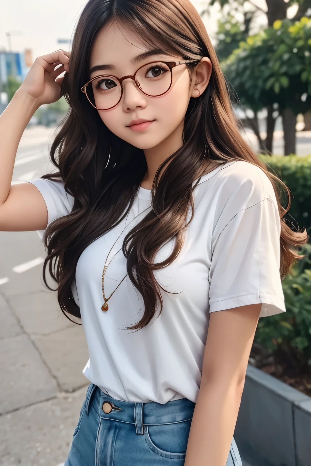 detailed face of  photo. 20 year old white skin Indonesian girl with a sweet  face, slim body   round face chubby face and long Brown wavy hair, round glasses wearing a long green shirt and long denim pants in a wood mill on the edge of a murky river