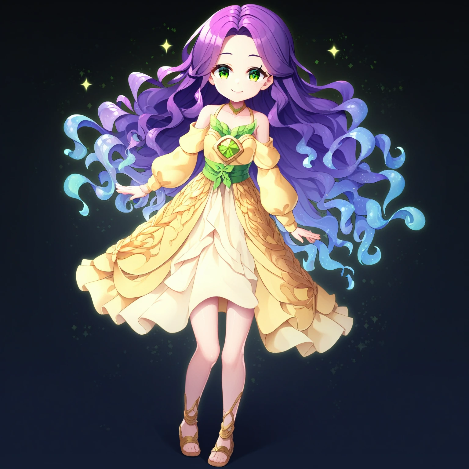 standing pictures, core_9, score_8_up, score_7_up,best quality, masterpiece, newest,full body,4k, uncensored, prefect lighting, rating_explicit, 1girl, ,long wavy purple hair, calm smile, yellow-green eyes, serene expression, traditional-inspired outfit, green and gold clothing, ethereal glow, soft lighting, flowing hair, gentle breeze, anime-style, mystical atmosphere, magical aura, intricate design patterns, sparkles around, soft gradient background