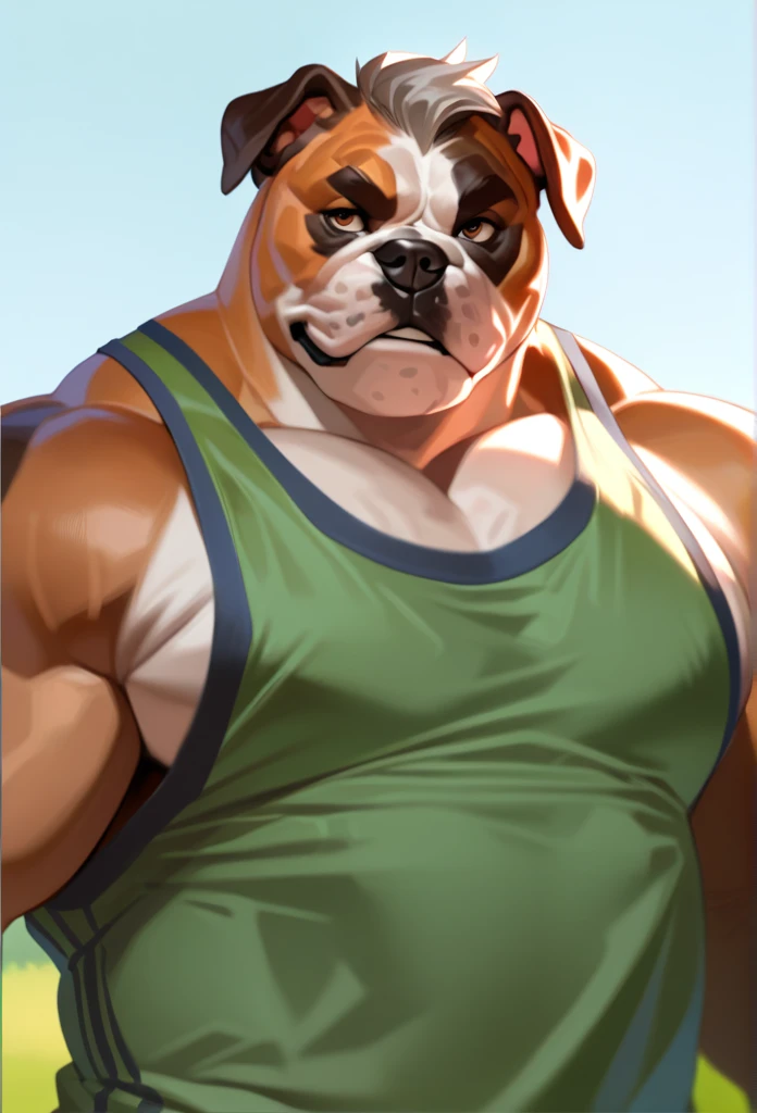 anime, strong, solo, 1boy, Muscular bulldog, wide shoulder, pectoral, thick arms, huge pectoral, wide pectoral, standing in street with meadow background, nature, short hair, grey hair, Short, tanktop, grinning, simple background, masterpiece, semirealistic:1.2, high detailed, 8k, high resolution