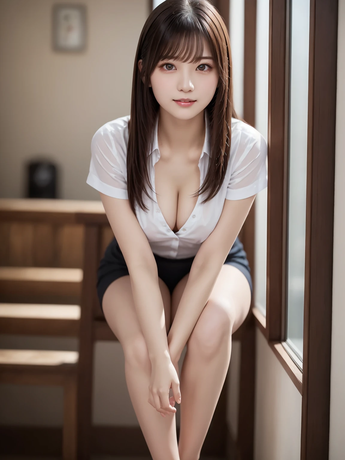 ultra highres,(reality: 1.4),highest quality, masterpiece, high detail, 16K quality, beautiful, 1 beautiful girl,japanese,super beautiful face,baby face,japanese idol face,cute face,super detailed face,detailed hand,beautiful skin,sweaty skin,big eyes,smile,profeccional lighting,ponny tail, black hair,brown beautiful eyes, white shirt, open button,cleavage,checked skirt,((sitting with knee up)),(skirt lift),(((showing panties:1.3))),white panties,spread legs,medium breasts,black high socks,she is looking at the camera,skyscraper looftop,blue sky,nsfw,from front,