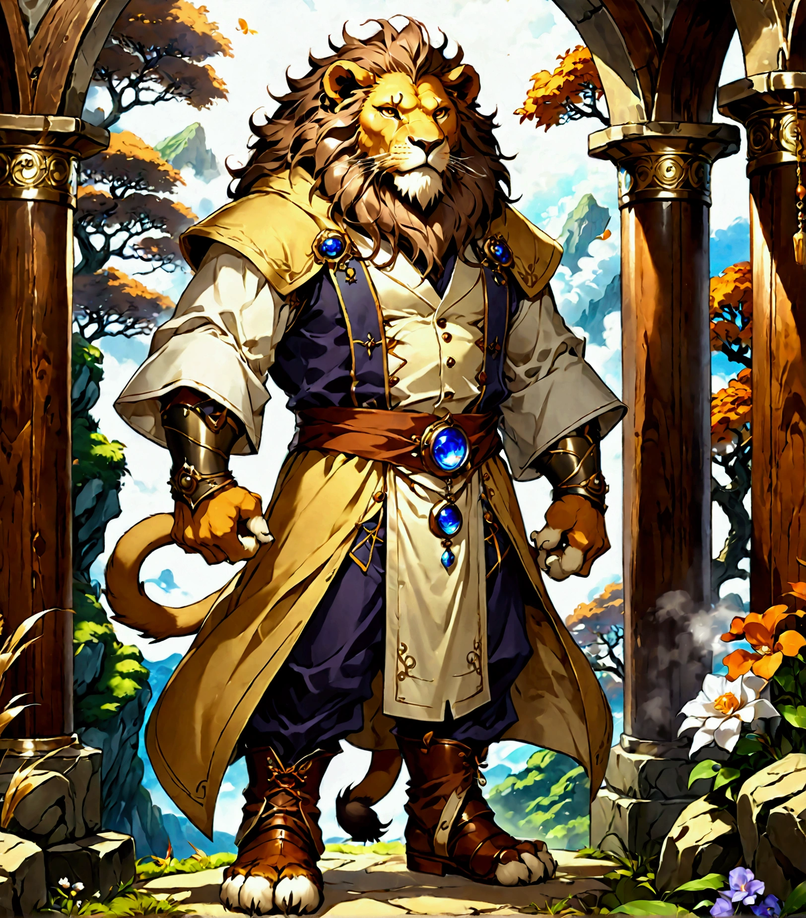 alchemist, a plump middle-aged lion man, full body in Michelangelo Buonarroti style, digital illustration anime, character focus, full body, looking away, dynamic angle, BREAK complete anatomy, perfect proportions, beautiful thigh gap, fluffy body, intricate fur details, beautiful fur texture, BREAK detailed elegant lion tail, detailed boots, beautiful foot, detailed hands, 5fingers, 5fingers nails, BREAK aesthetic anime face, insanity detailed face, male face, big face, square jawline, aesthetic anime eyes, detailed brown eyes, detailed brown cornea, detailed dark brown irises, detailed pupils, male eyes, big eyes, male eyebrows, innocent look, beautiful beard, BREAK little smile, alchemy robe, standing, (shaking a test tube), elegant pose, [simple background::12], alchemy shop, indoor, BREAK masterpiece, official art, best quality, very aesthetic, absurdres, super fine illustration, great quality, BREAK noise reduction, very highres, large filesize, high quality, 32K, 8k wallpaper, dynamic lighting, BREAK insanity detailed, ultra detailed, intricate details, extremely detailed, detailed texture, an extremely delicate and beautiful, full color, HDR, BREAK e621 uncut tag, Fur Affinity illustration, osukemo, kemohomo, anthropomorphic, furry, cartoon, harmonious, virtuous, pastoral atmosphere