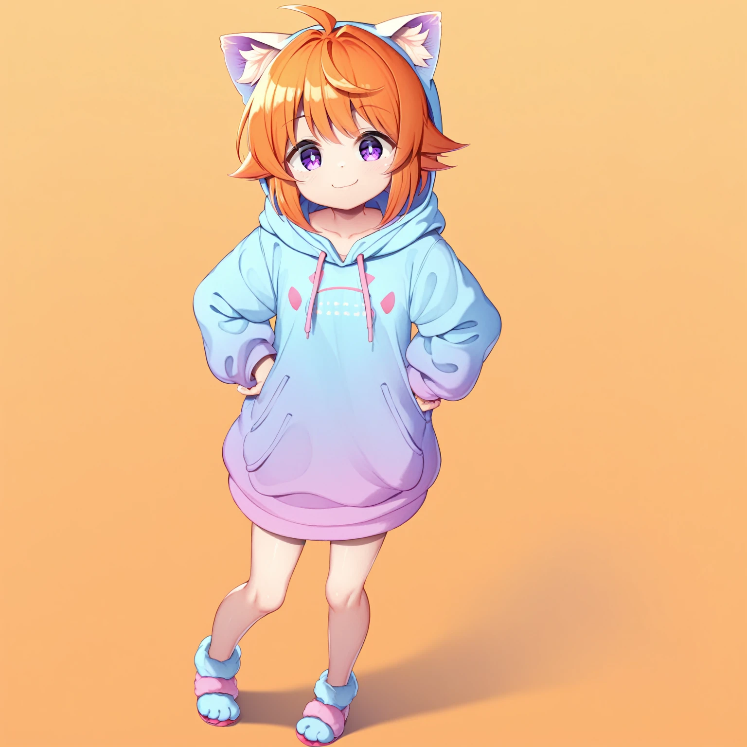 standing picture, score_9, score_8_up, score_7_up,best quality, masterpiece, newest, 4k, uncensored, prefect lighting, rating_explicit, 1girl, , full body, medium length orange hair, playful smile, purple eyes, wearing animal hoodie, cat ears on hoodie, casual style, pastel-colored hoodie, blue inner shirt, relaxed expression, anime-style, warm and friendly atmosphere, soft shadows, simple background, focus on face and hair, smooth lighting