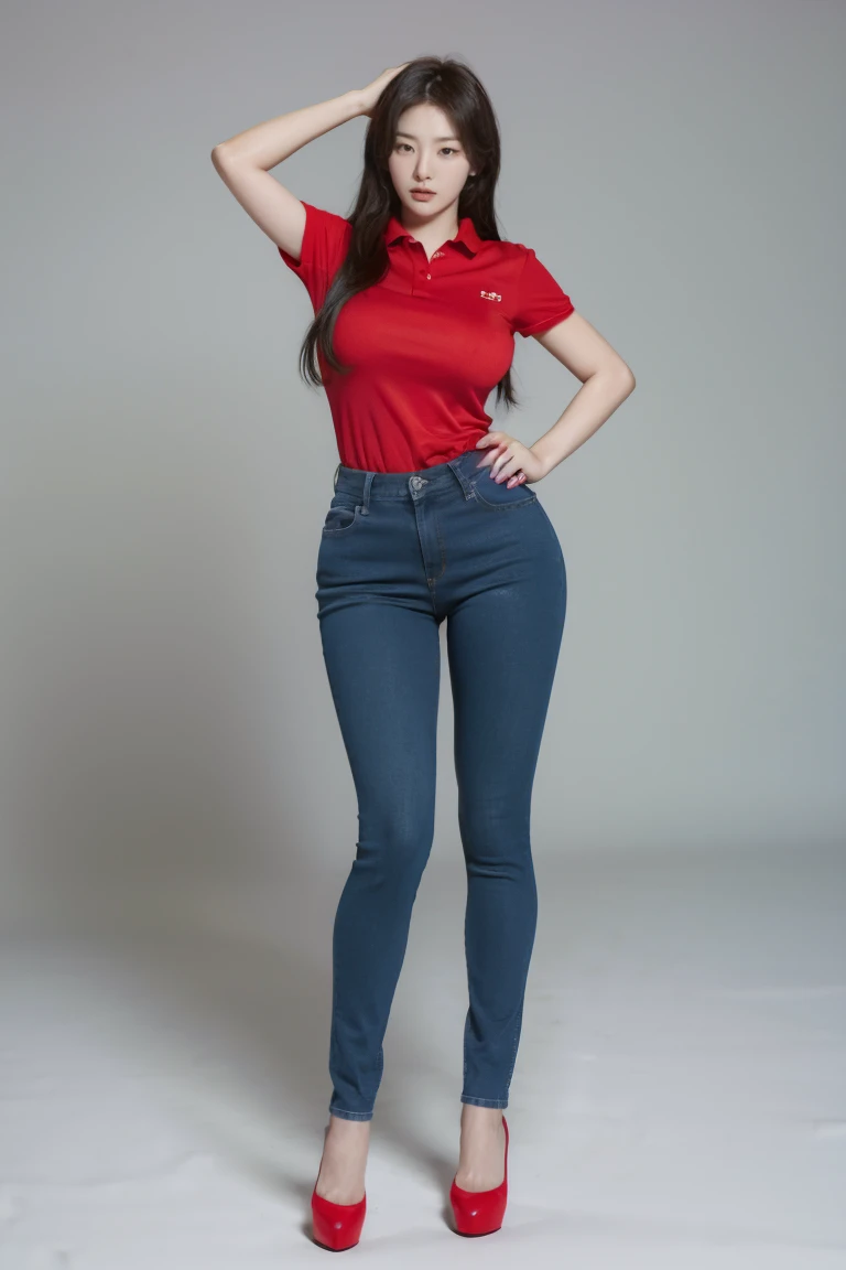 Hot Korean woman wearing red tennis polo, blue skinny tight jeans, and red high heels. Full body from head to toe. Standing in a full height from head to toe. 8k HD resolution best quality. Studio Background 